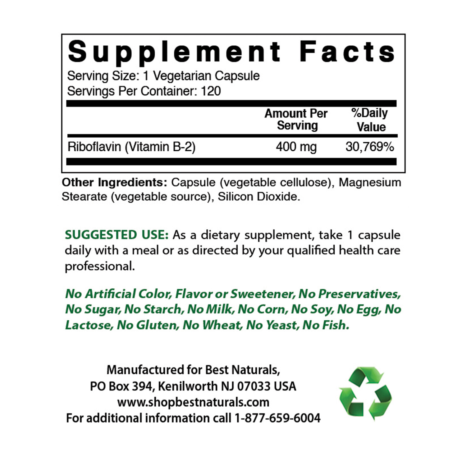 Best Naturals Vitamin B2 400 mg 120 Veg Capsules