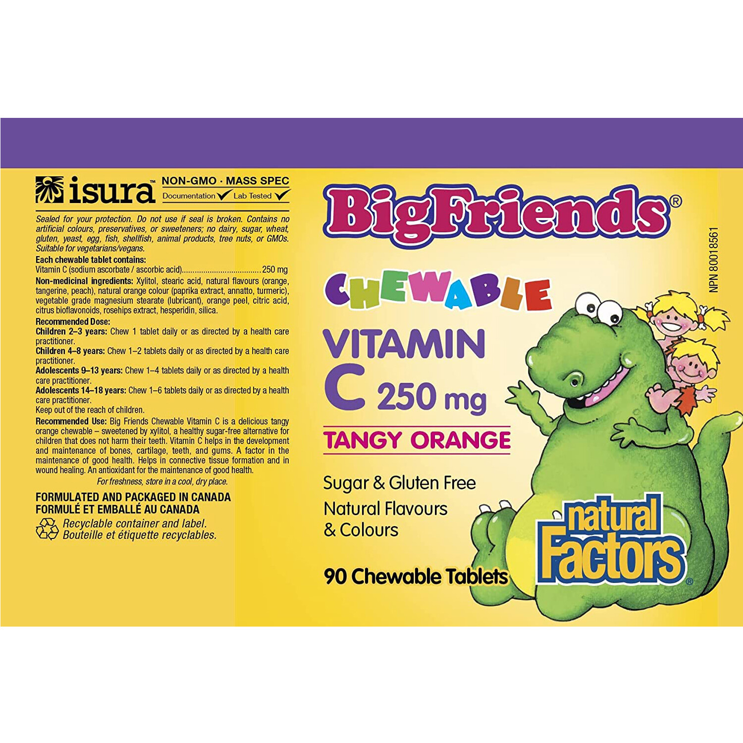 Natural Factors Big Friends Vitamin C 250 mg,Tangy Orange,90 Chewable Tablets