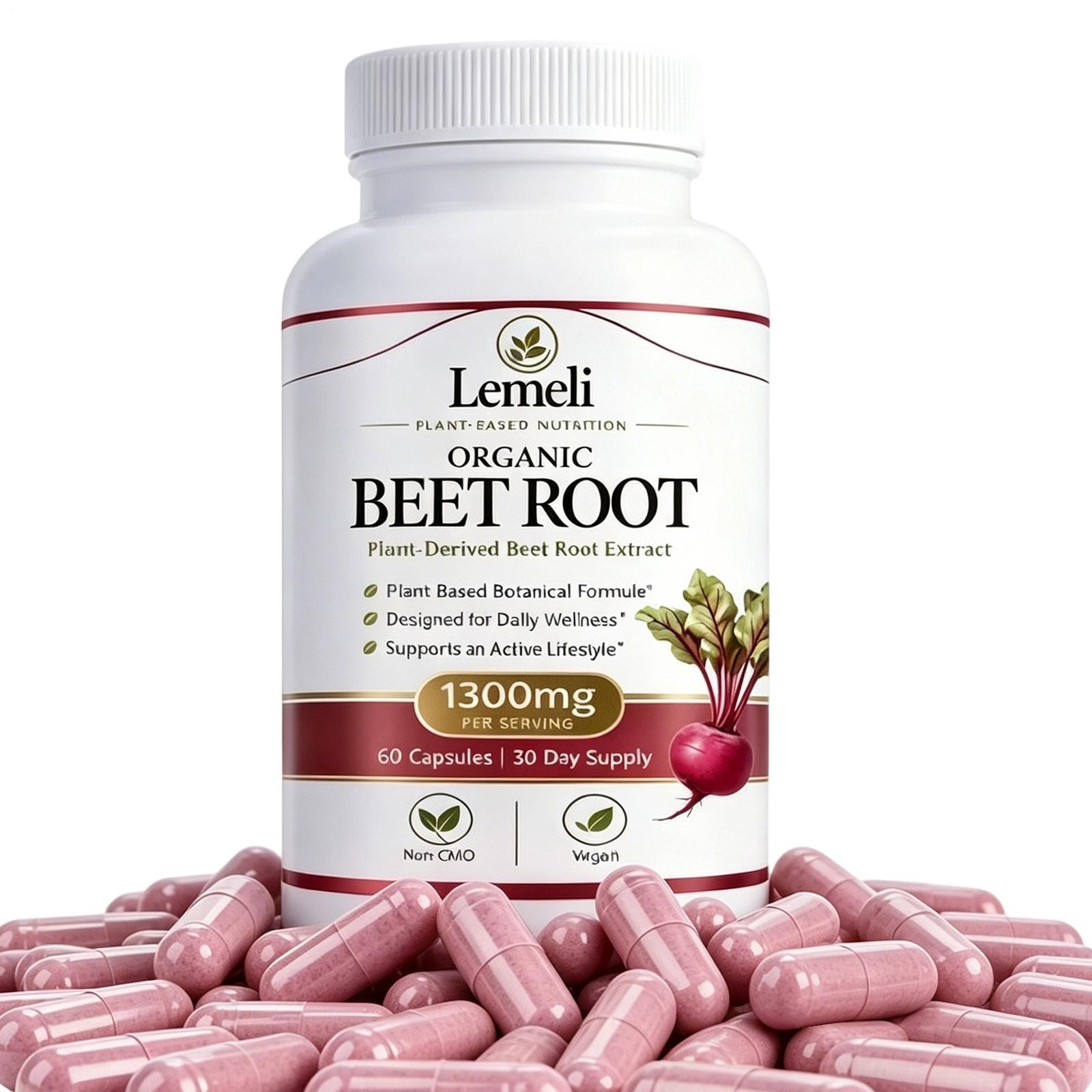 Lemeli Organic Beet Root 1300mg Beet Root Non-GMO 60 Capsules, 30-Day Supply
