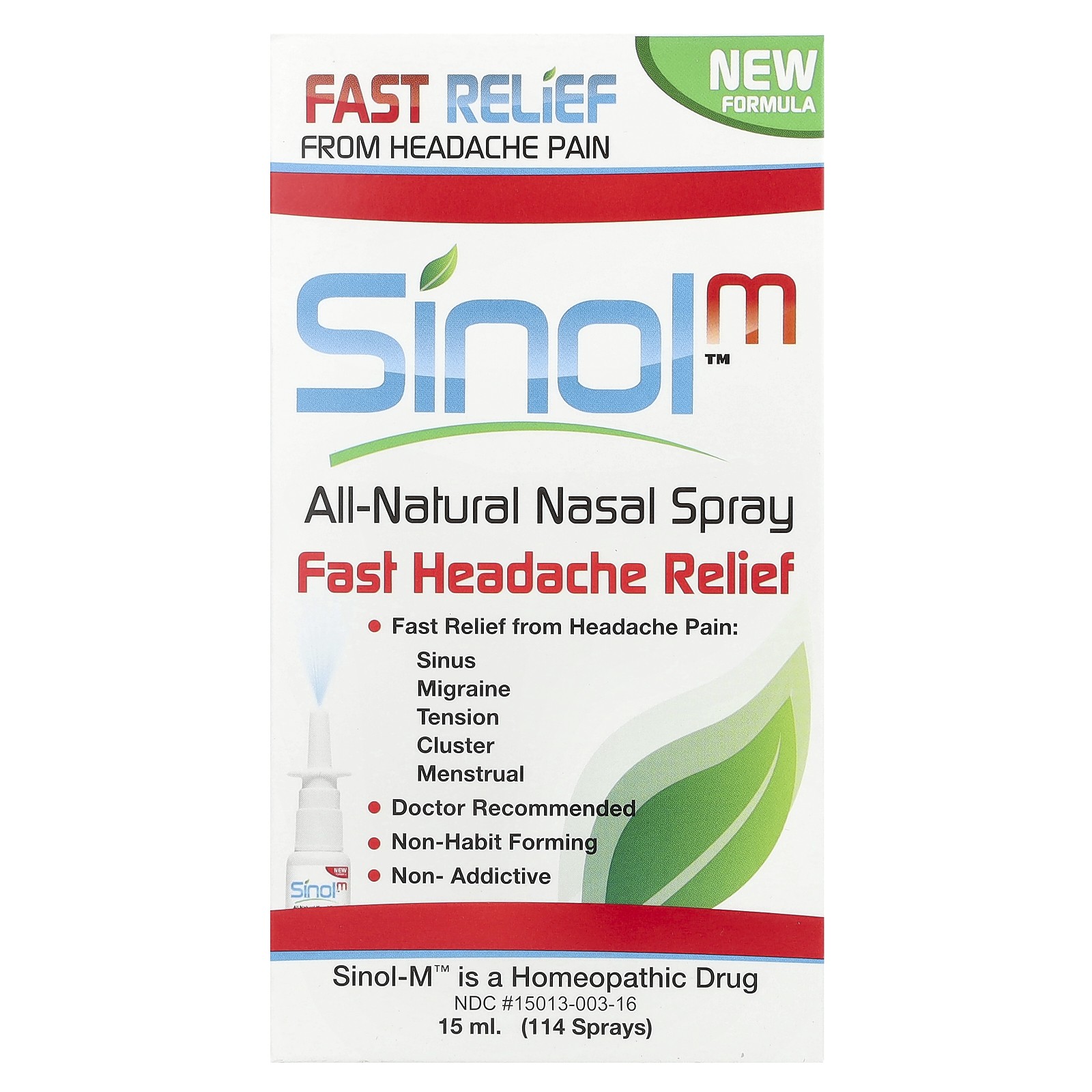 Sinol SinolM All-Natural Nasal Spray Fast Headache Relief 15 ml All-Natural