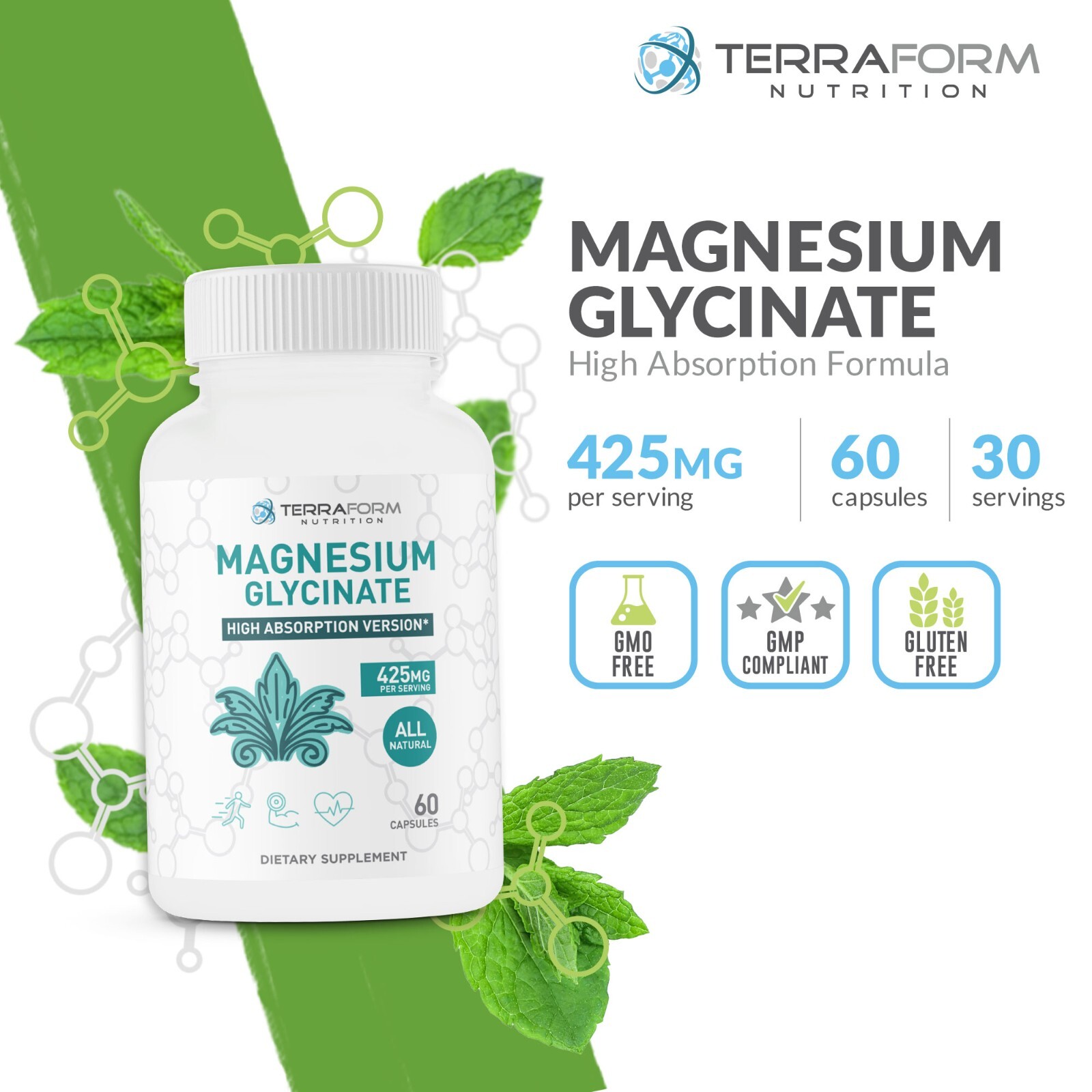 Advanced Magnesium Glycinate, 100% Chelated- 425mg/30 Serv.