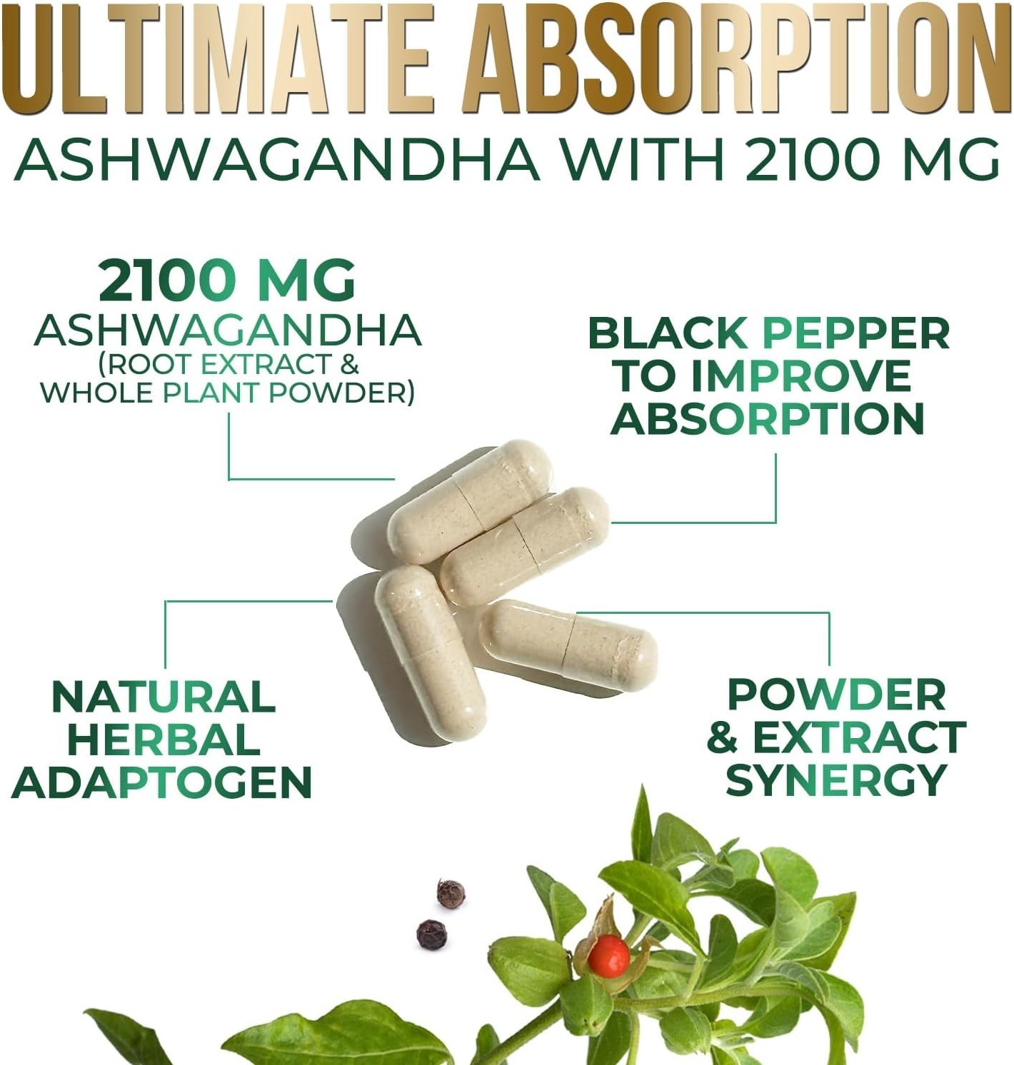 Organic Ashwagandha Capsules 2100mg Supplement w/ Black Pepper Root Powder