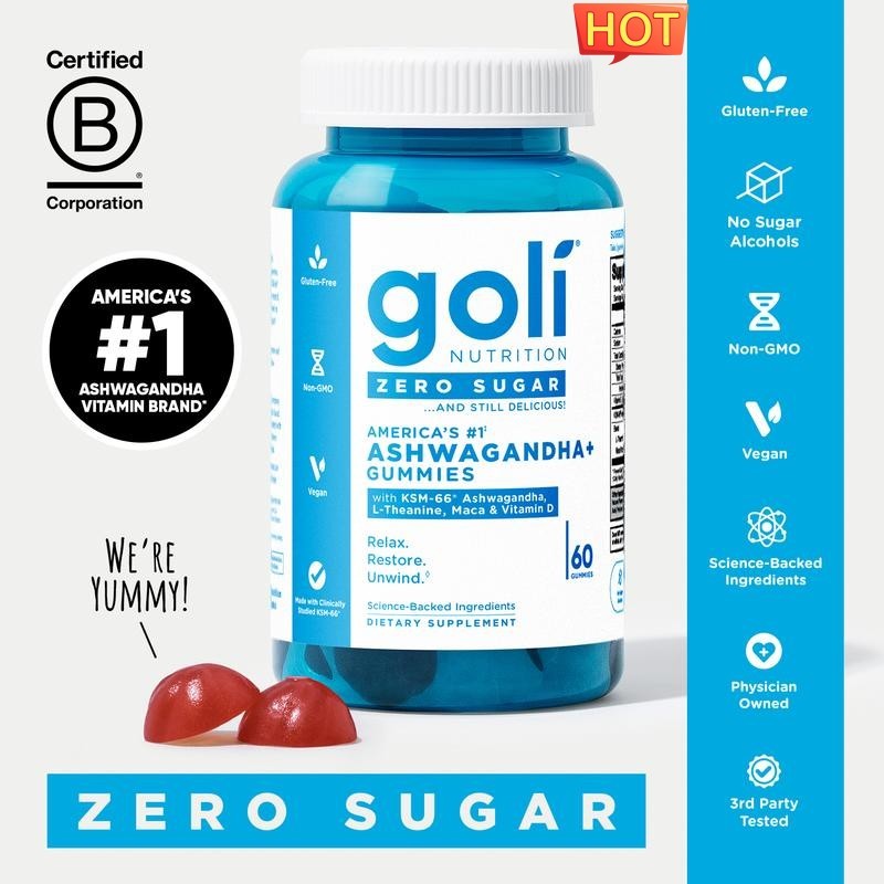 Goli Nutrition Zero Sugar Ashwagandha Gummies L-Theanine Maca Vitamin D 60ct