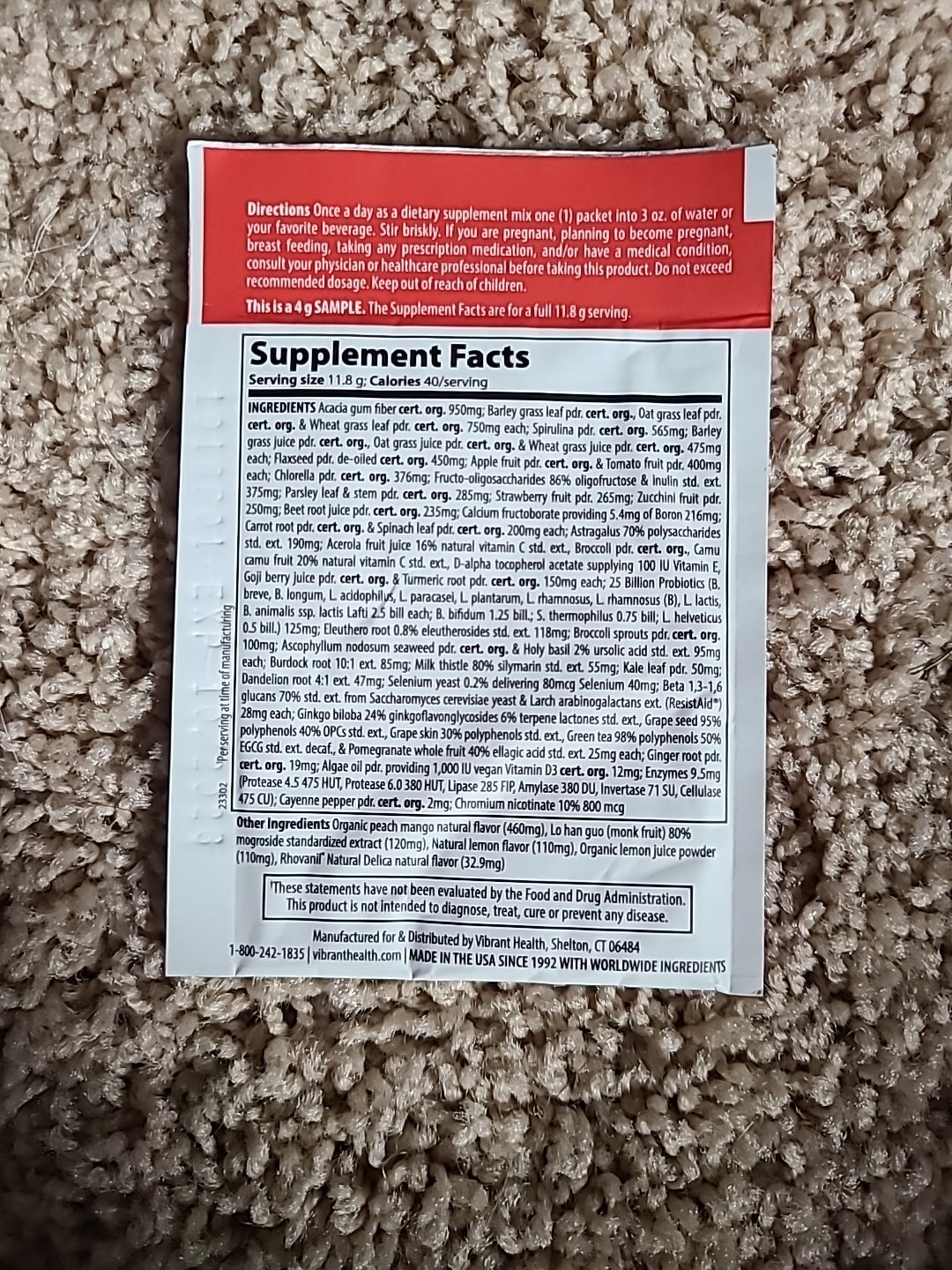 Vibrant Health Green Vibrance Peach Mango Travel Size Sample (X5 Packets)