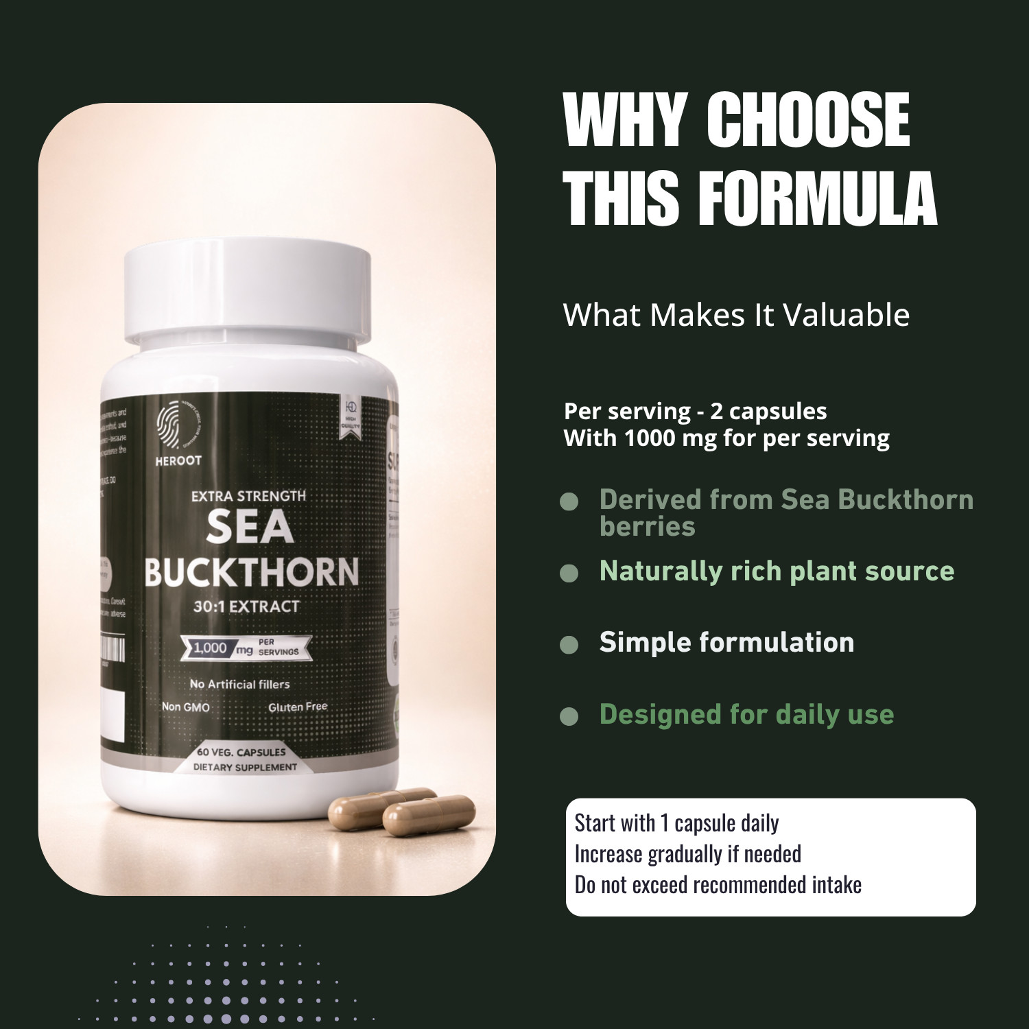 Heroot Sea Buckthorn Capsules 500mg | Hippophae rhamnoides Berry Extract