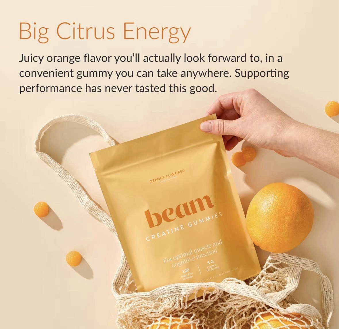 beam Creatine Gummies Orange Flavor 120 Sugar-Free 5g Muscle Cognitive Support