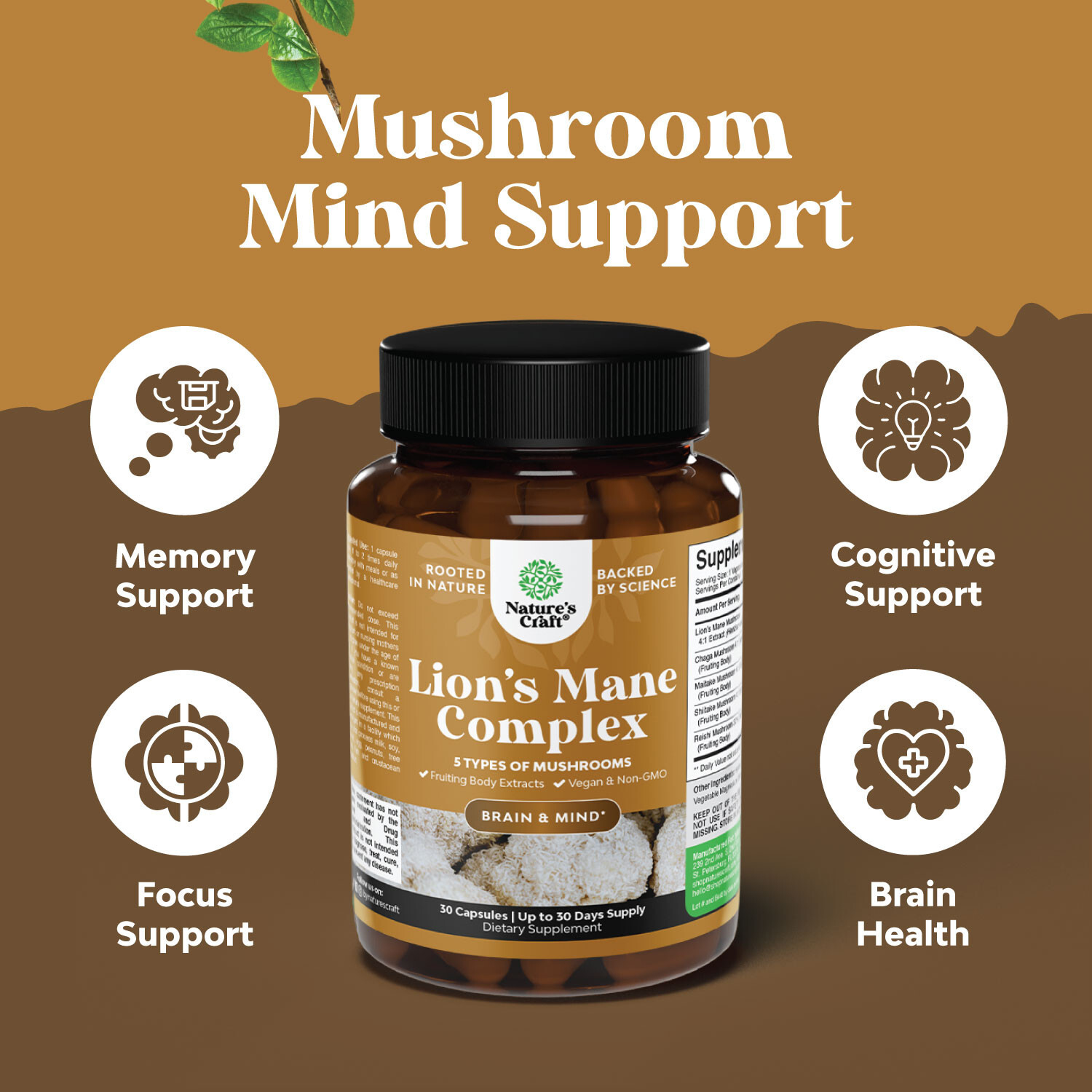 Advanced Lion’s Mane Mushroom Supplement Capsules with 5X Fruiting Body Mushroom