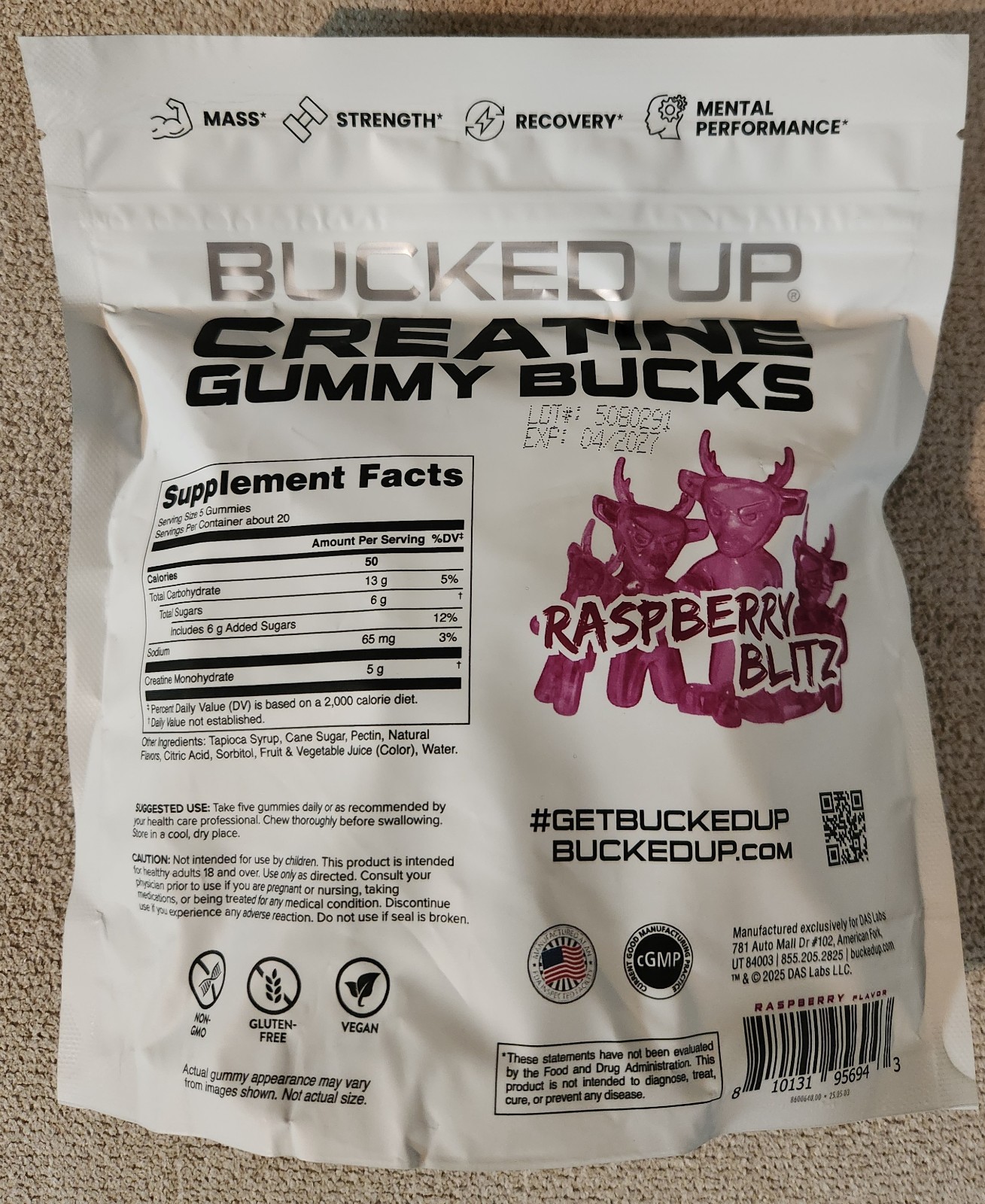 Bucked Up Creatine Gummies 20 Servings. Raspberry Blitz ! BRAND NEW, SEALED