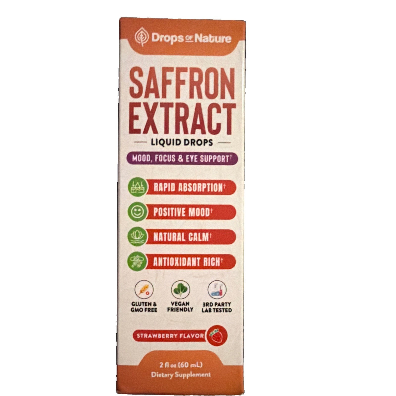 Drops of Nature Saffron Extract Liquid Drops Mood Enhancement Strawberry 2 fl oz
