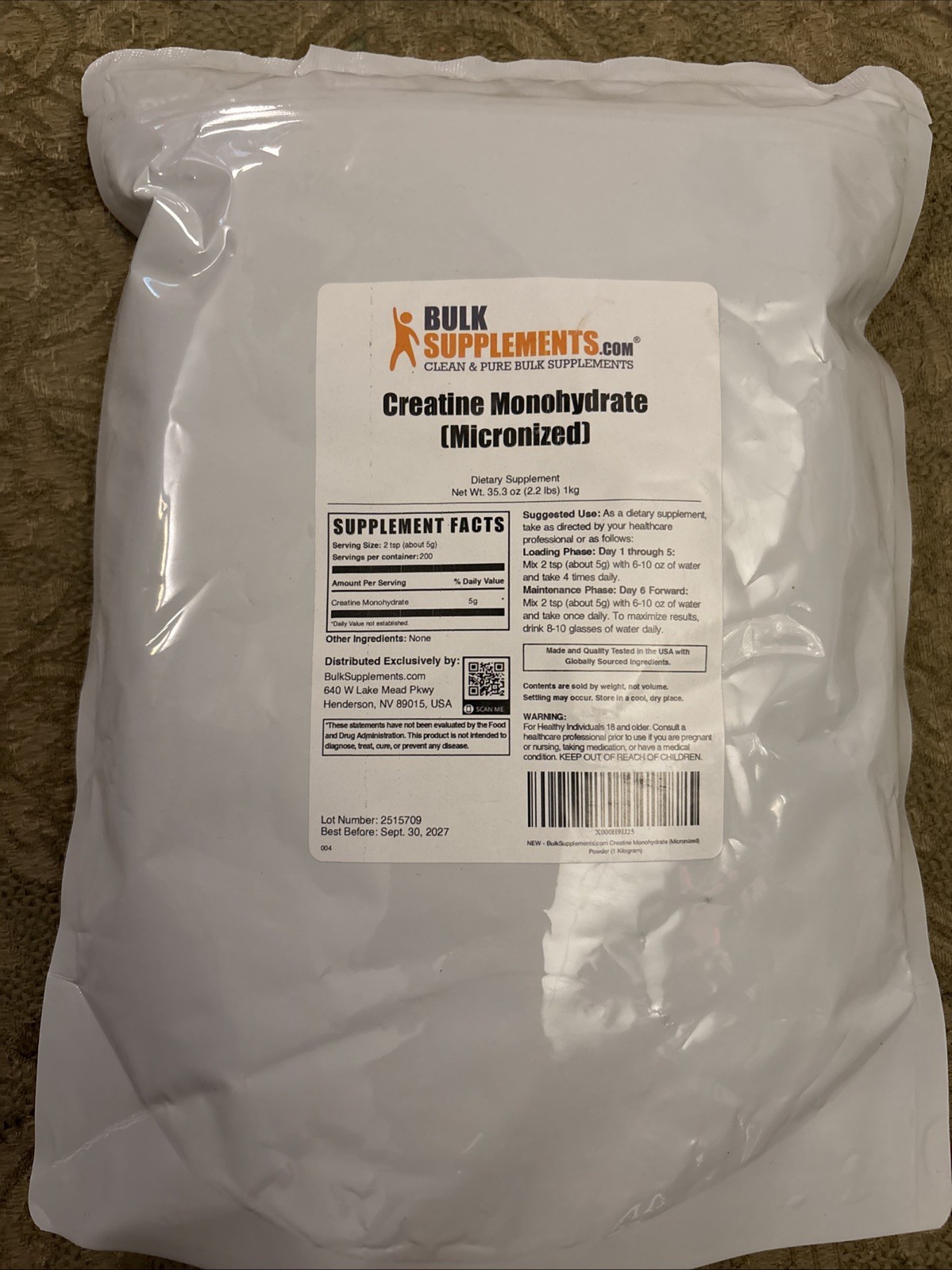 Bulk Supplements Creatine Monohydrate Micronized No Flavor 35 Oz 1 Kg Exp 2027