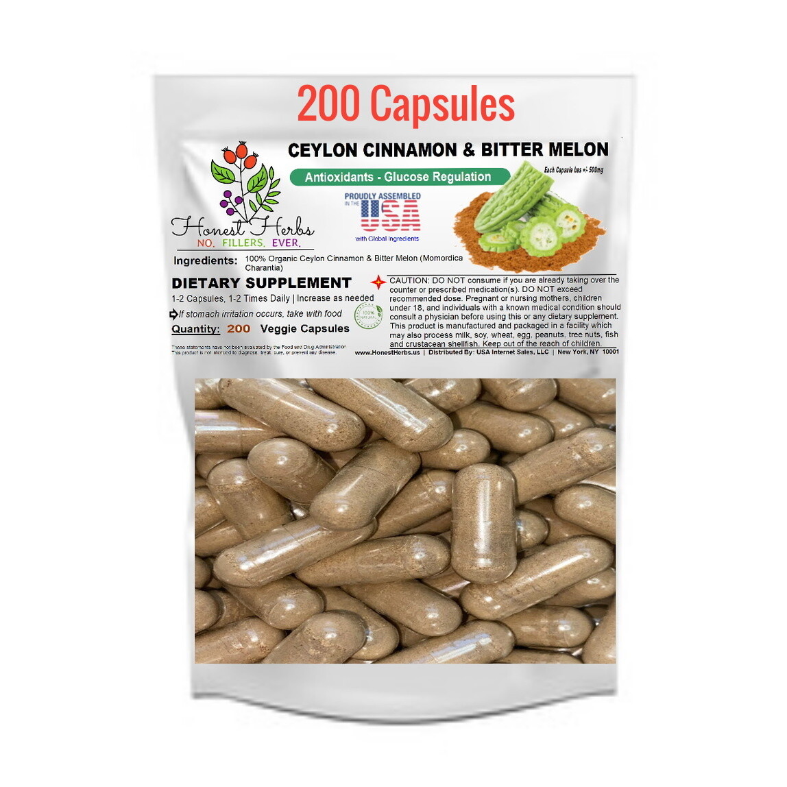 Honest Herbs Ceylon Cinnamon & Bitter Melon Blend – 200 Veg. Caps (500mg)