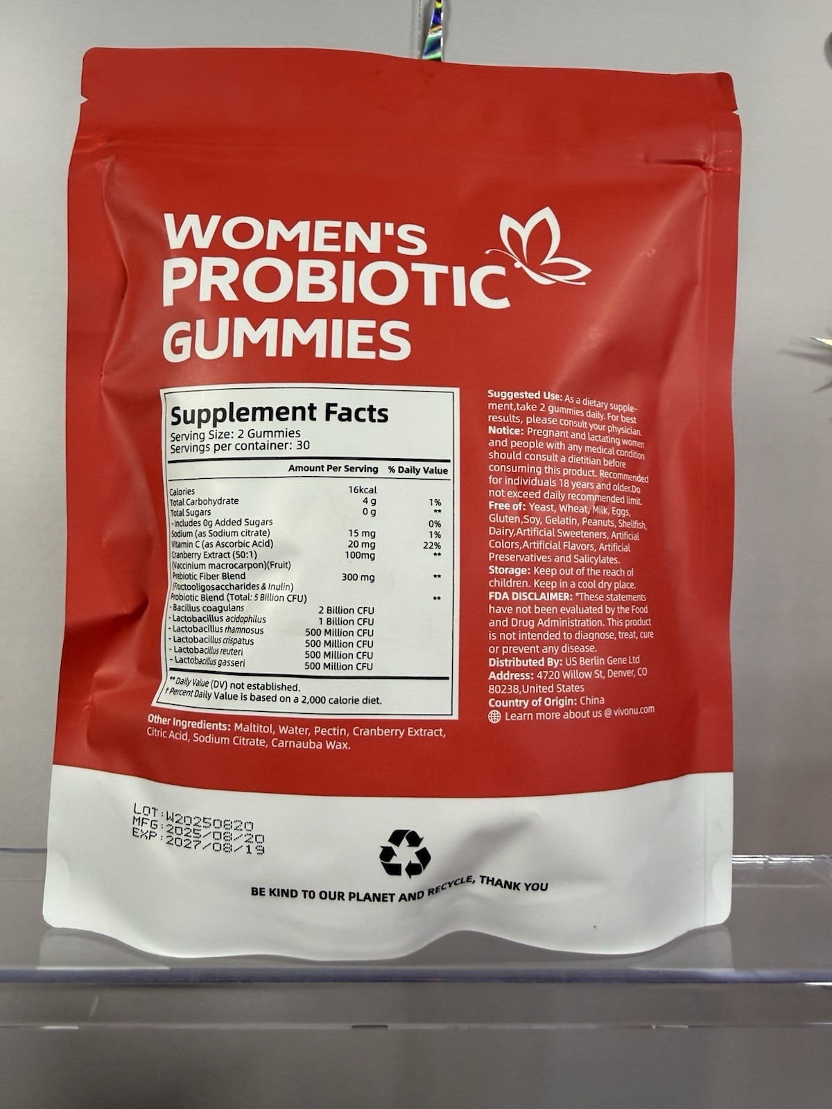 vivonu Women’s Probiotic Gummies Cranberry 60 ct Vegan Non-GMO Gluten-Free