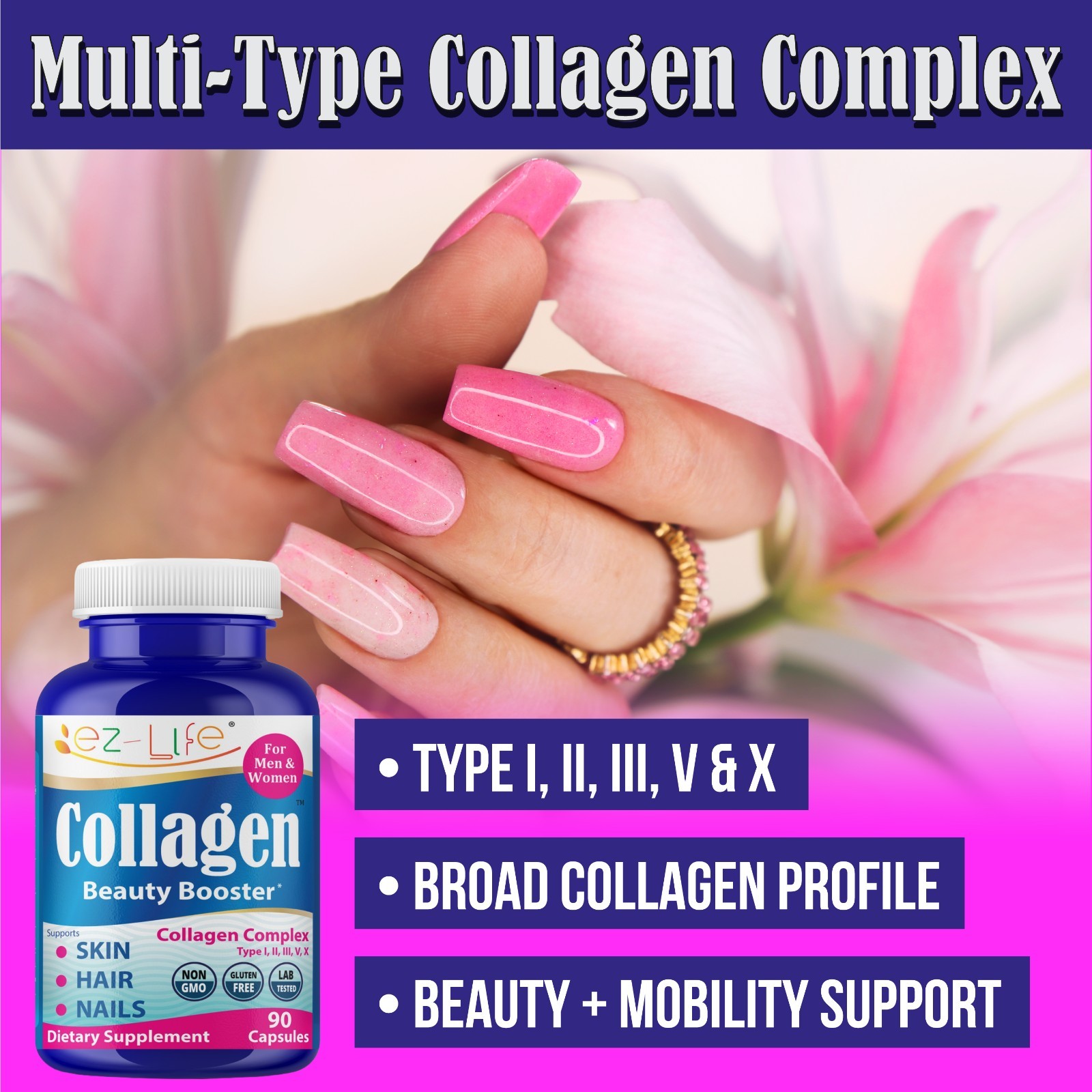 Collagen Peptides Beauty Supplement for Men & Women-Hydrolyzed Anti Aging 90Caps