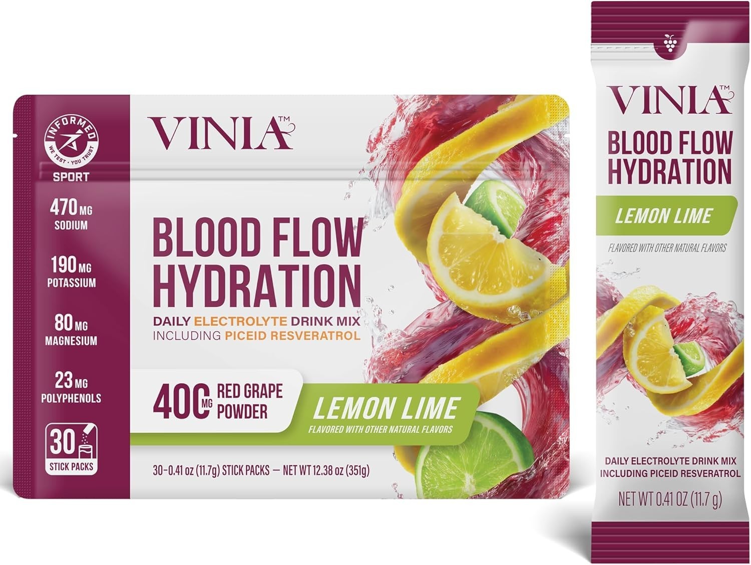 VINIA Resveratrol Electrolyte Hydration Powder Mix Lemon Lime Blood Flow