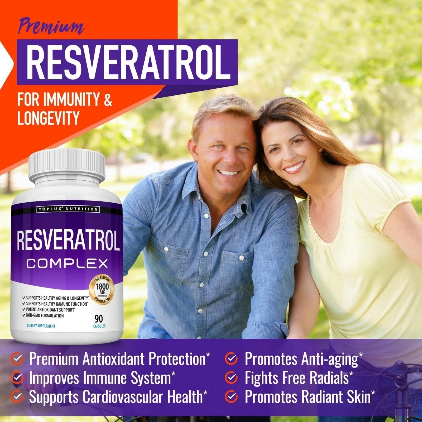 Toplux Nutrition Resveratrol Complex 1800mg 90 Capsules Non-GMO Antioxidant