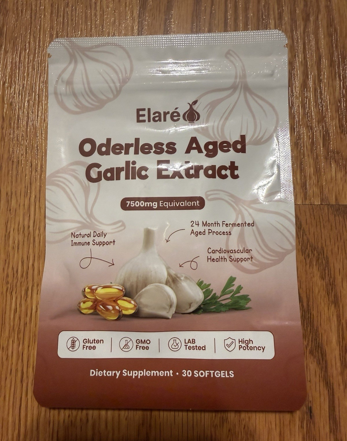 Elaré Odorless Aged Garlic Extract 7500mg Softgels 30 Gluten-Free Immune