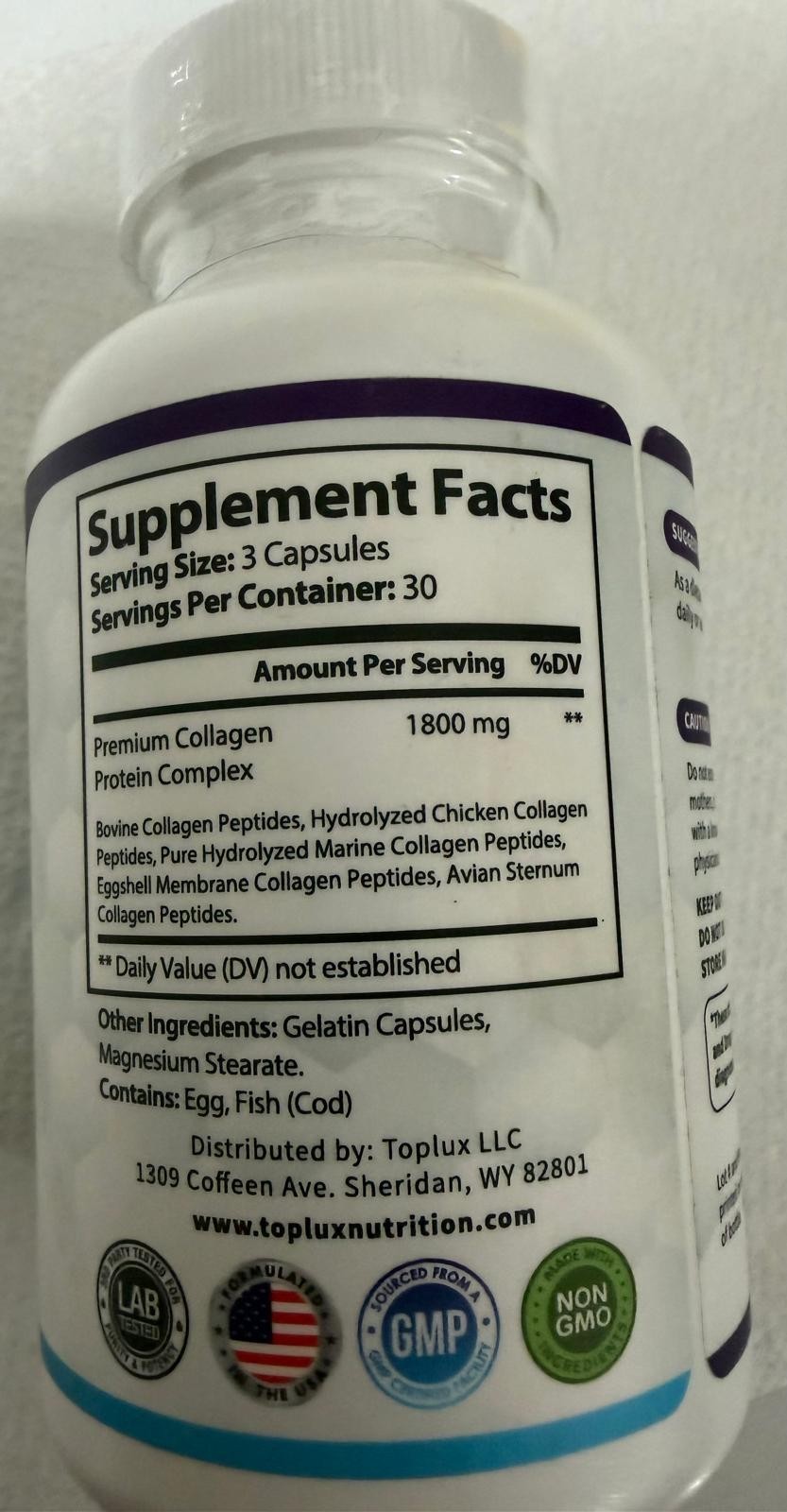 Toplux Nutrition Collagen Peptides 1800mg 90 Caps Non-GMO Exp 12/2028