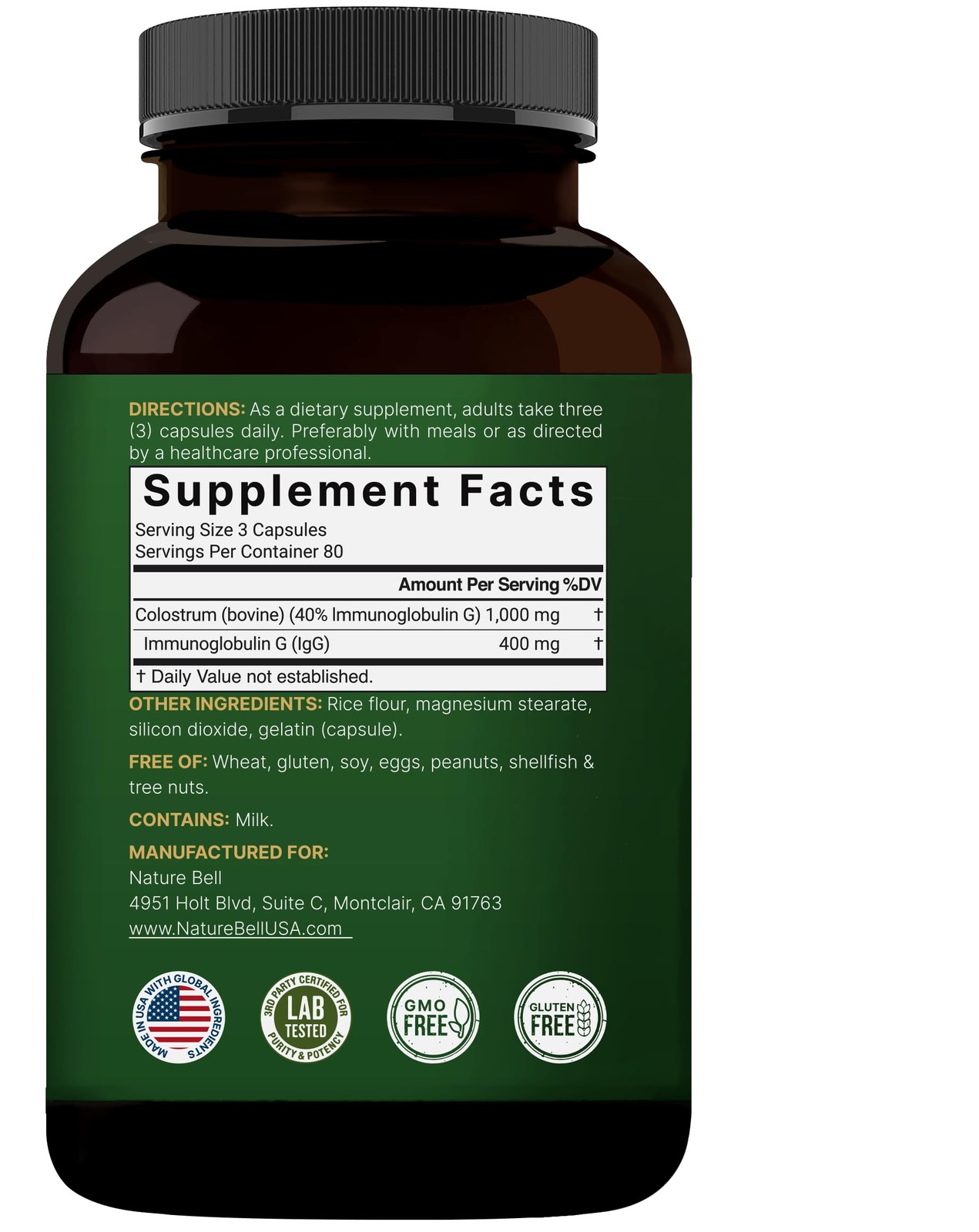 NatureBell Bovine Colostrum Supplement 1,000mg Per 240 Count (Pack of 1)