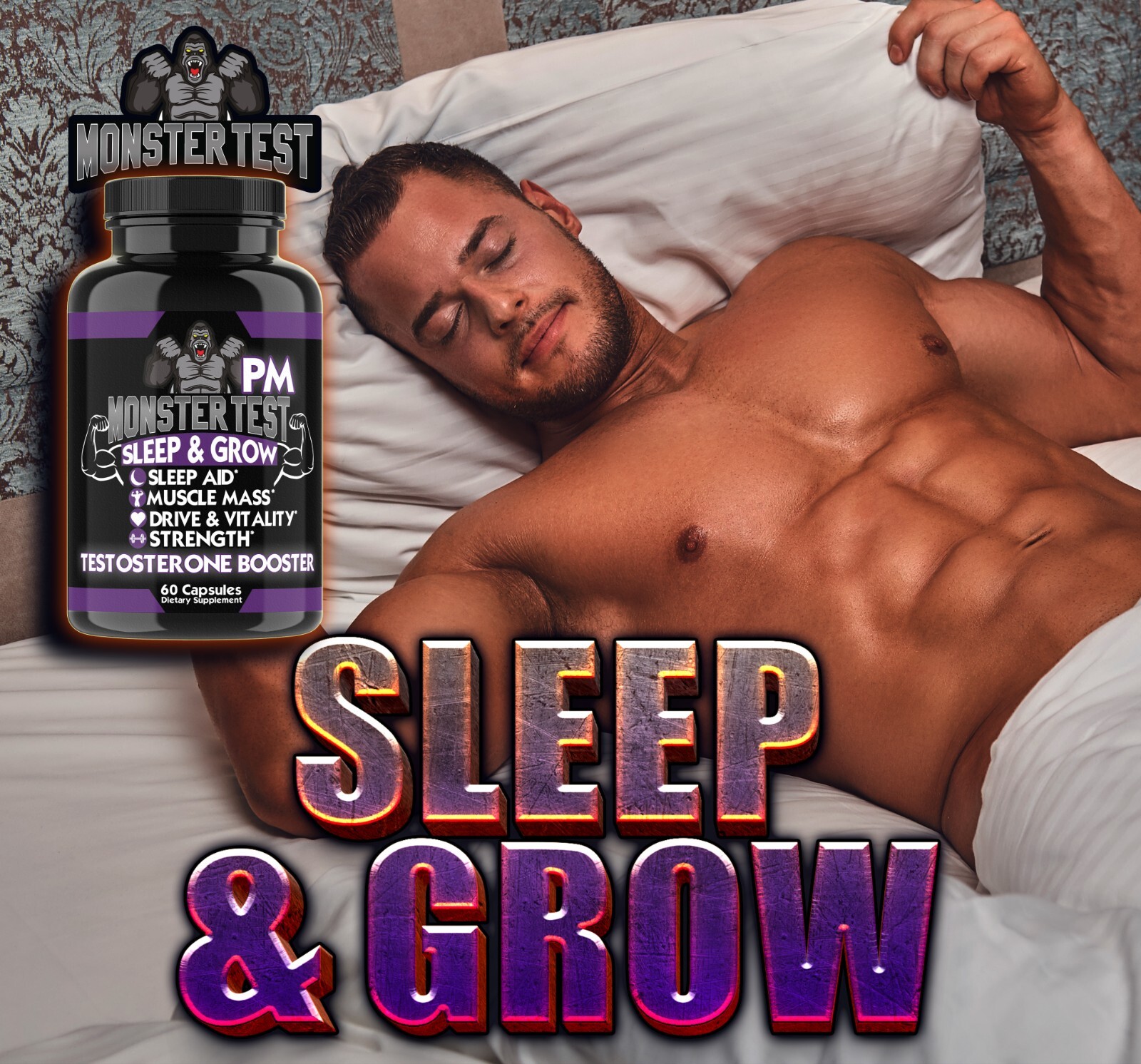 Men’s Test Booster Monster Test PM, Sleep Aid Pill – 60 Count – 12 Pack