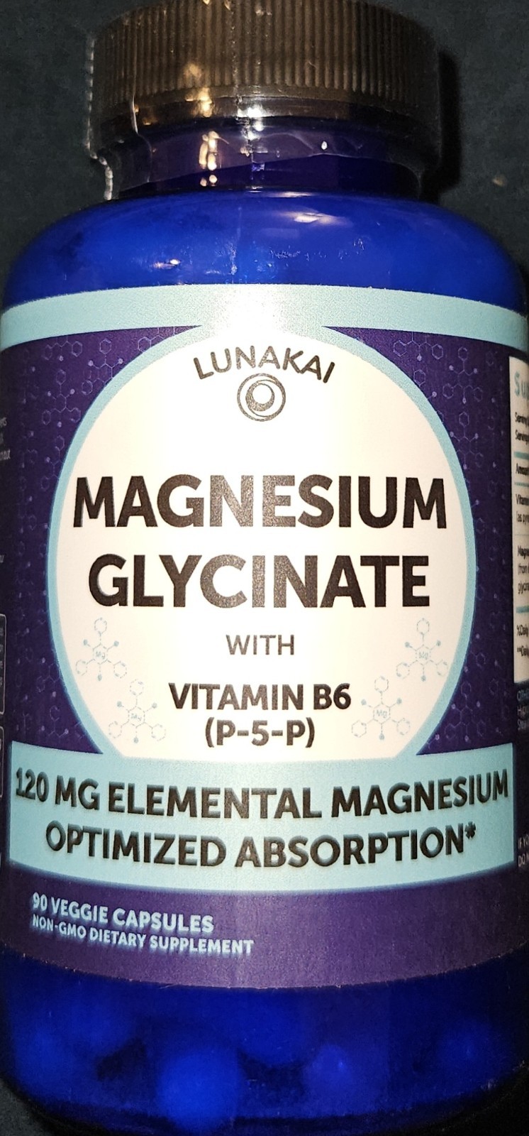 Lunakai USA Made Pure Magnesium Glycinate Capsules 120mg with B6 (P-5-P) 90ct