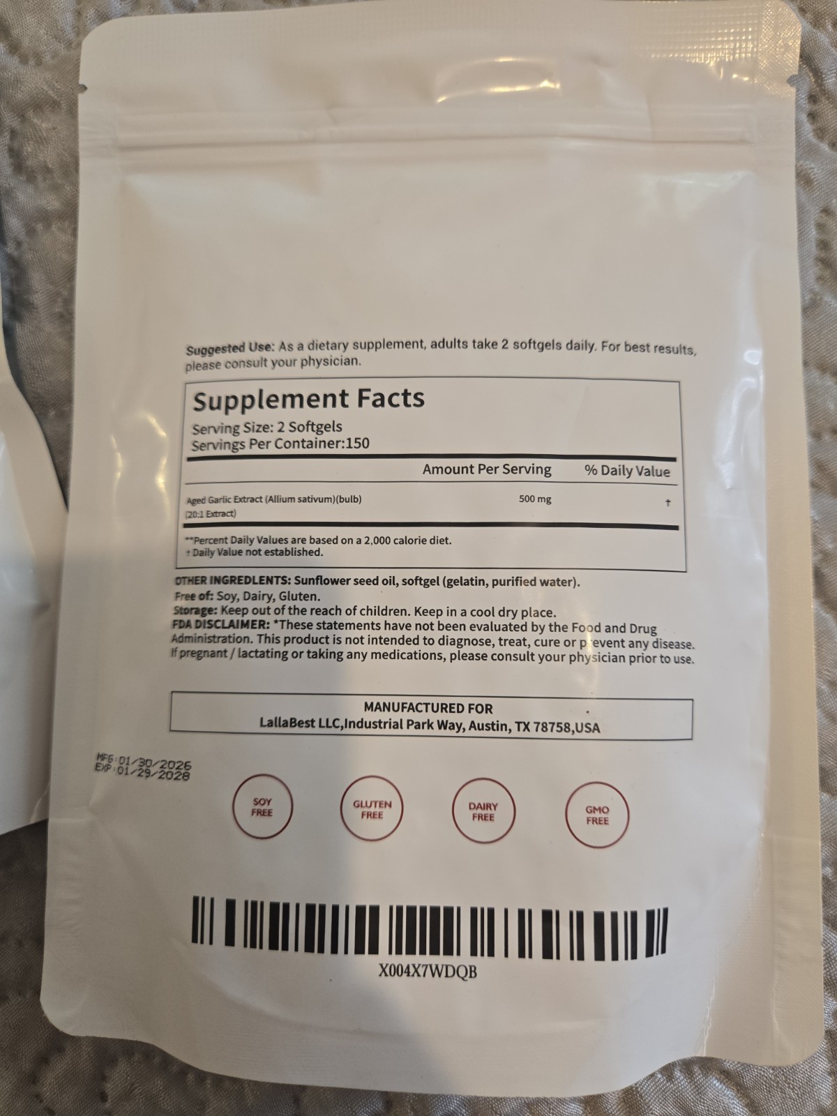 LallaBest Odorless Aged Garlic Extract 500mg 300 Softgels 3 PACKS EXP 1/2029