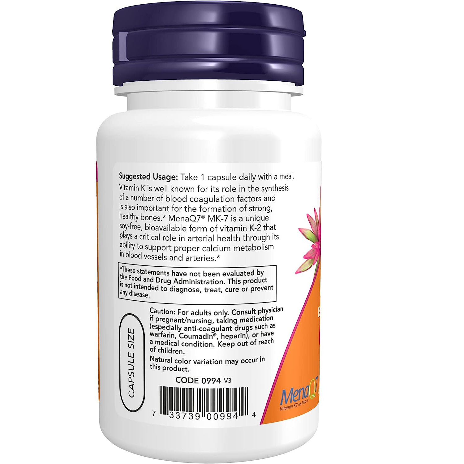 NOW MK-7 Vitamin K-2 Extra Strength 300mcg, 60 Vegetarian Capsules