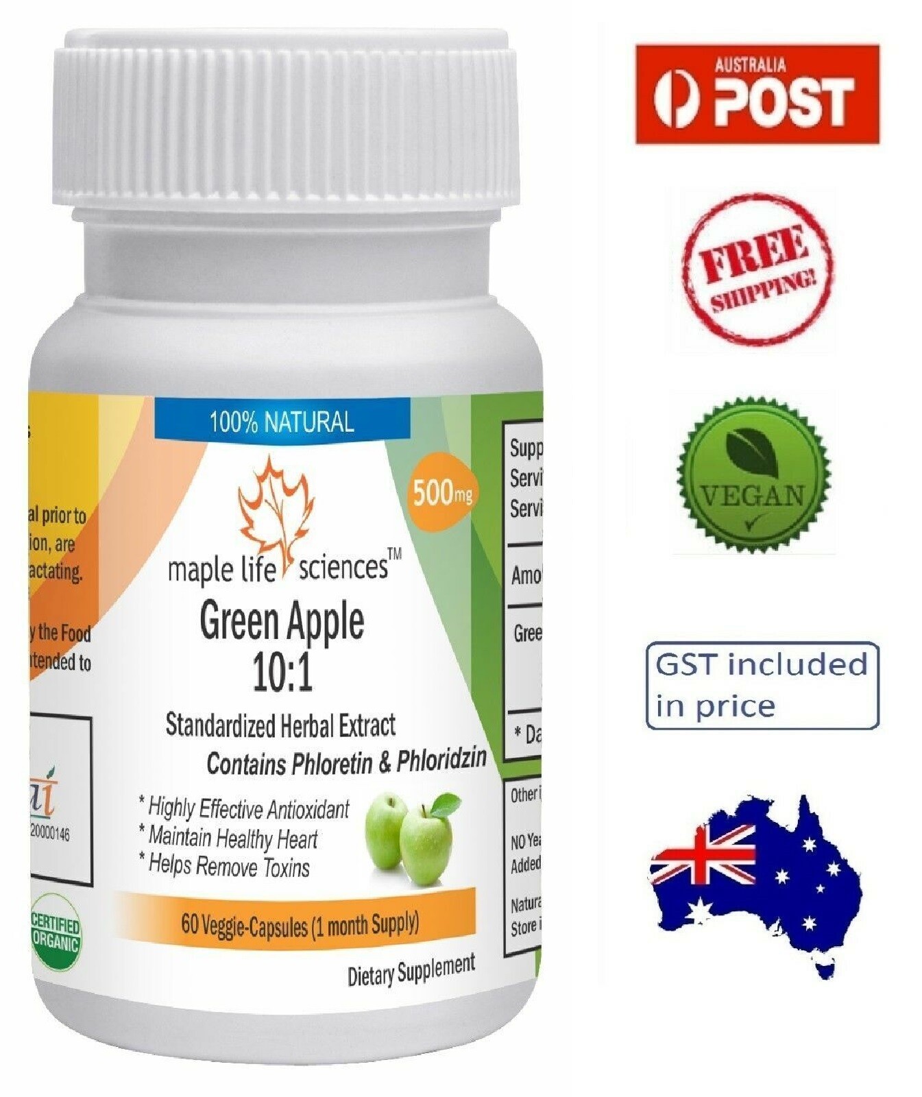Green Apple 10:1 Extract Capsules – 500mg – AU Stock