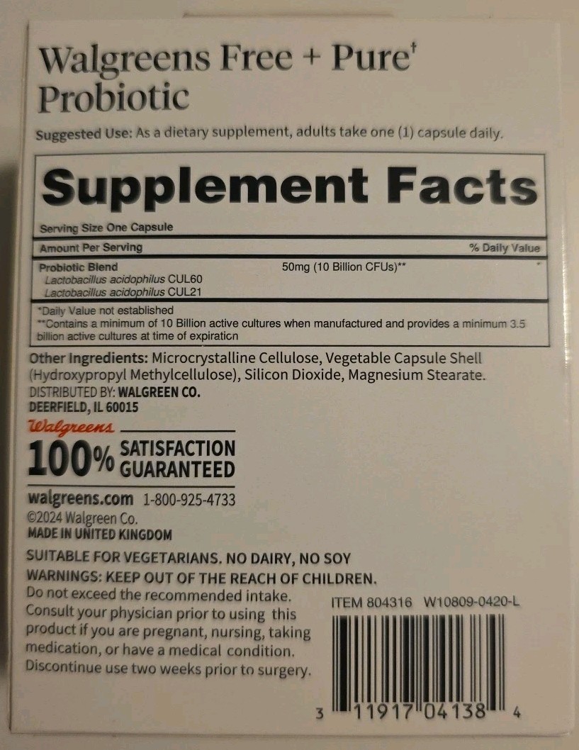 (2) Walgreens Probiotic 60 Caps Each (120 Total Capsules) Gluten Free & Pure