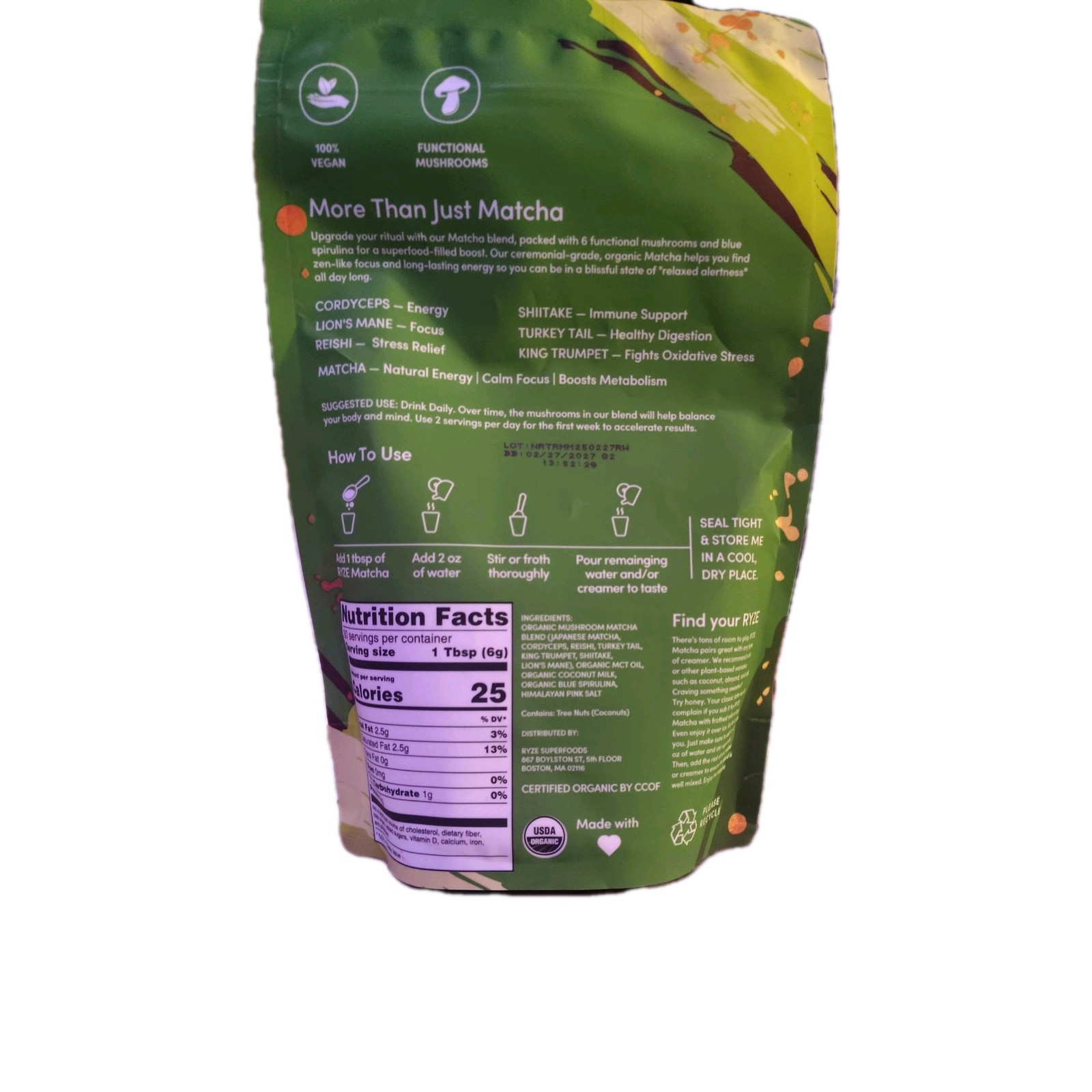 Ryze Mushroom Matcha 30 Servings 6.35 ounces Free & Fast Shipping