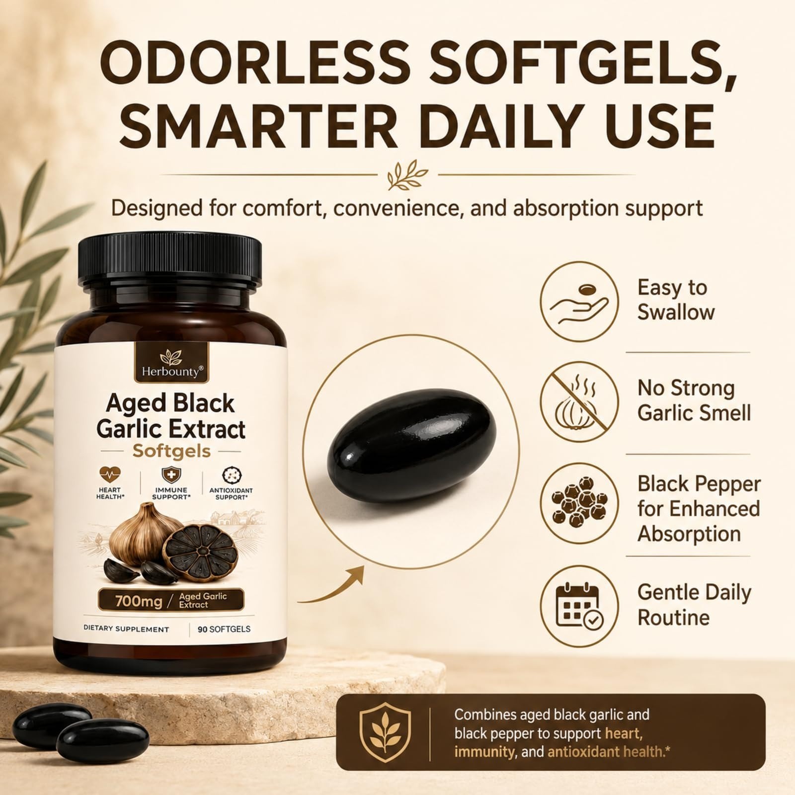 Herbounty Odorless Fermented Black Garlic Extract 700mg 90 Softgels