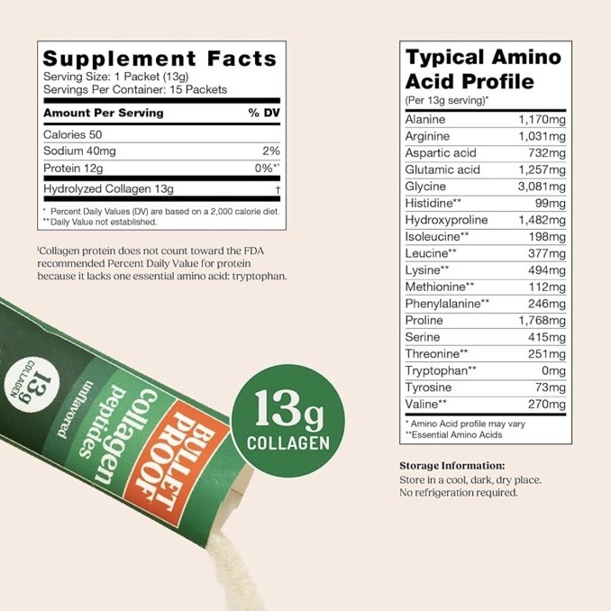 Bulletproof Collagen Peptides Unflavored Grass Fed Powder 15 Packets 13g