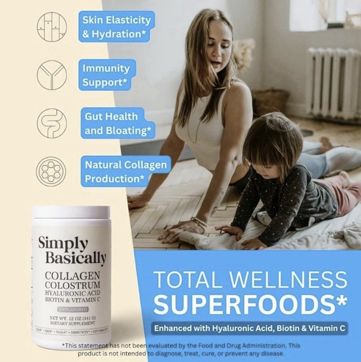 Simply Basically Collagen Colostrum Biotin Unflavored Powder Supplement 12 oz