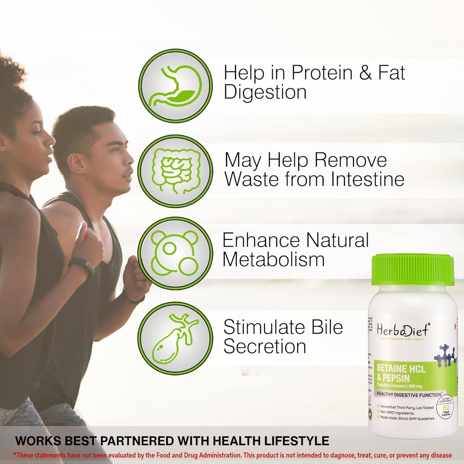 Herbadiet Betaine HCL Pepsin Digestive Aid Gut Health 60 Veg Capsules- FREE SHIP