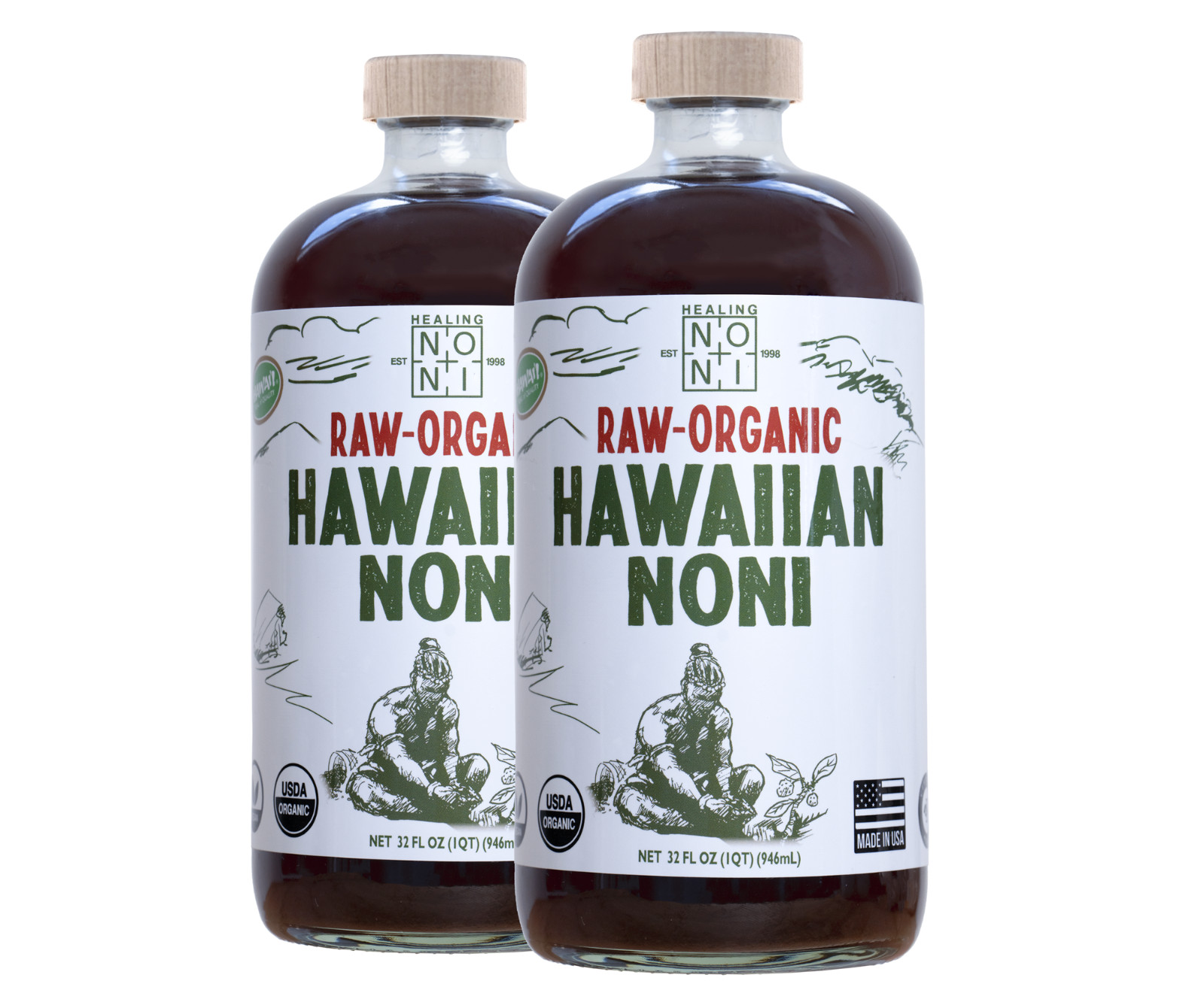 Healing Noni ® – RAW (UNPASTEURIZIED) Certified Organic Noni Juice – 2 x 32oz