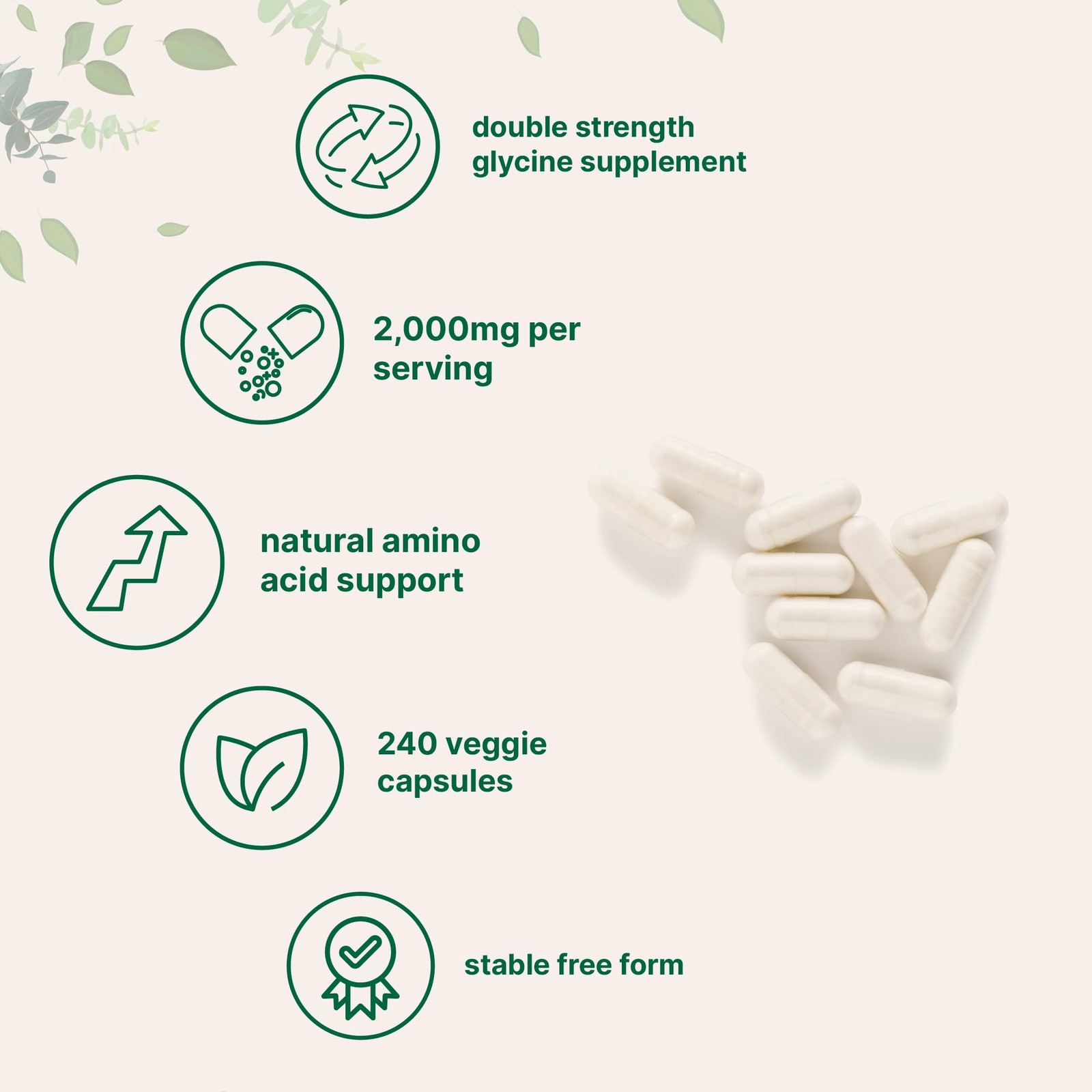 Glycine 2,000mg Per Serving, 240 Veggie Capsules | Free 240 Count (Pack of 1)