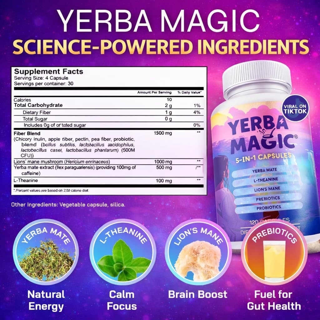 Brainista Yerba Mate Capsules 5 in 1, Yerba Magic Pills w/ 100mg Plant Caffeine