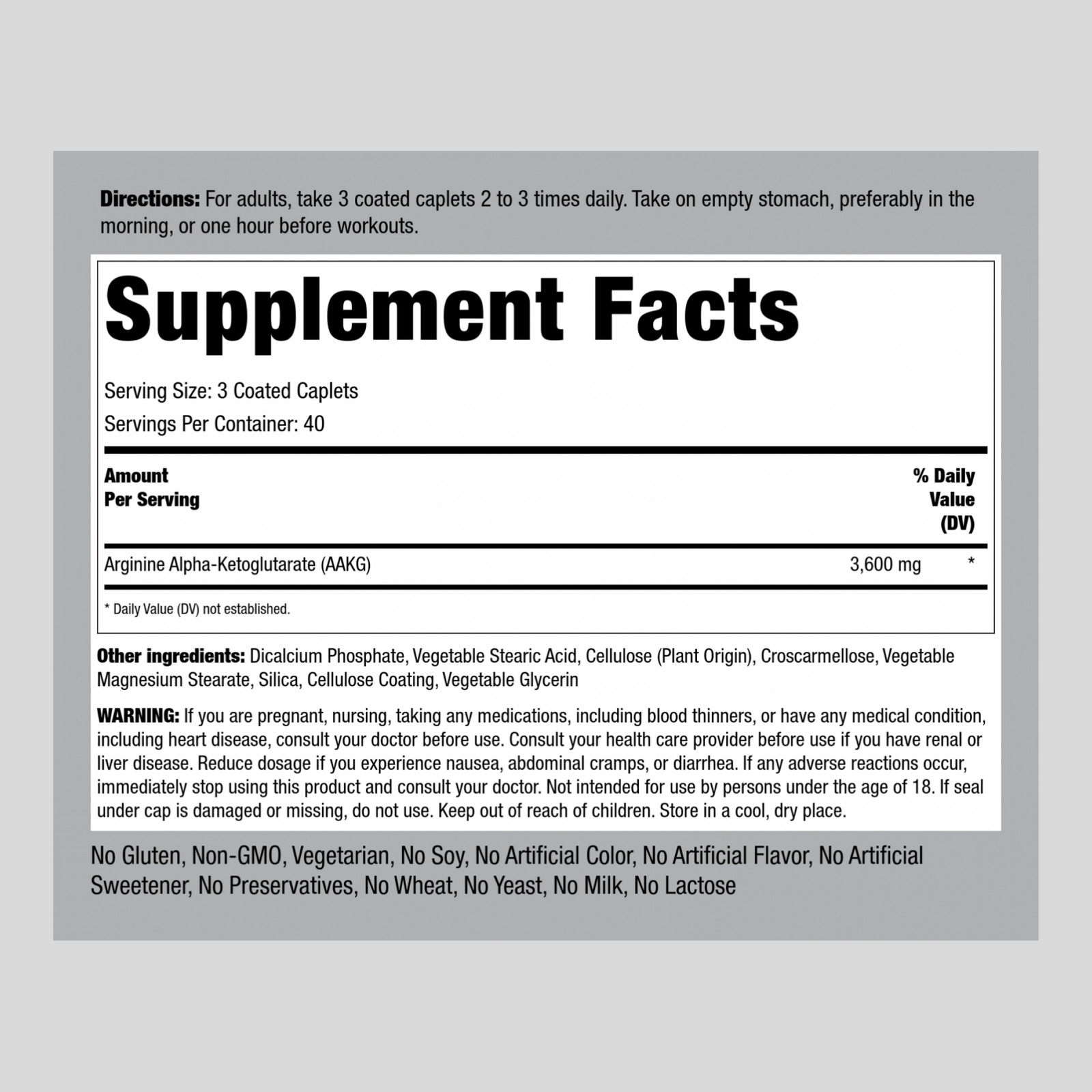 AAKG Supplement | 120 Caplets | 3600 mg | Non-GMO, Gluten Free | by Piping Rock