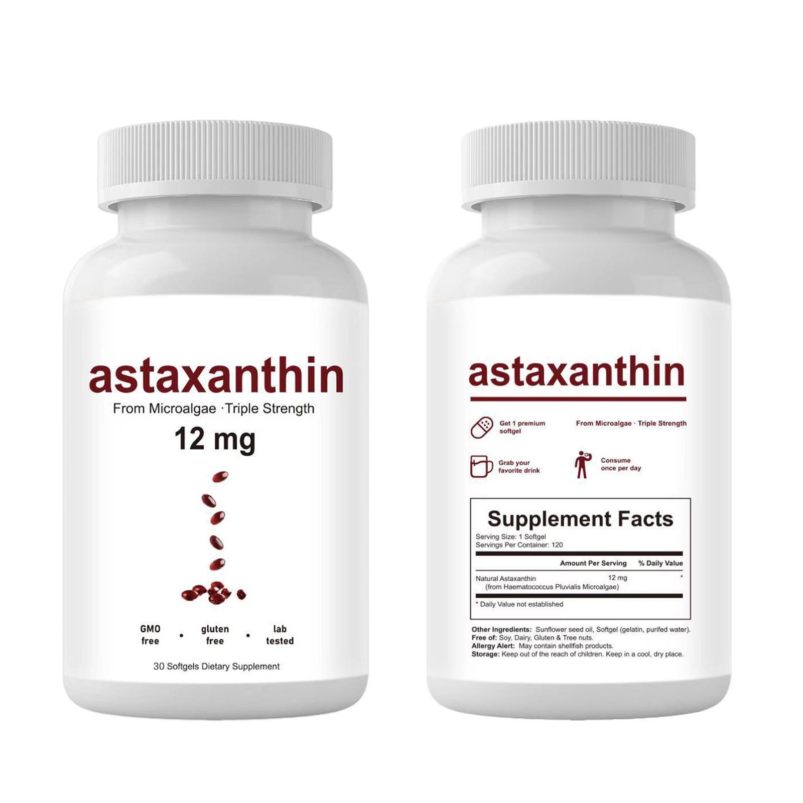 Astaxanthin 12mg, 30 softgels, tanning pills
