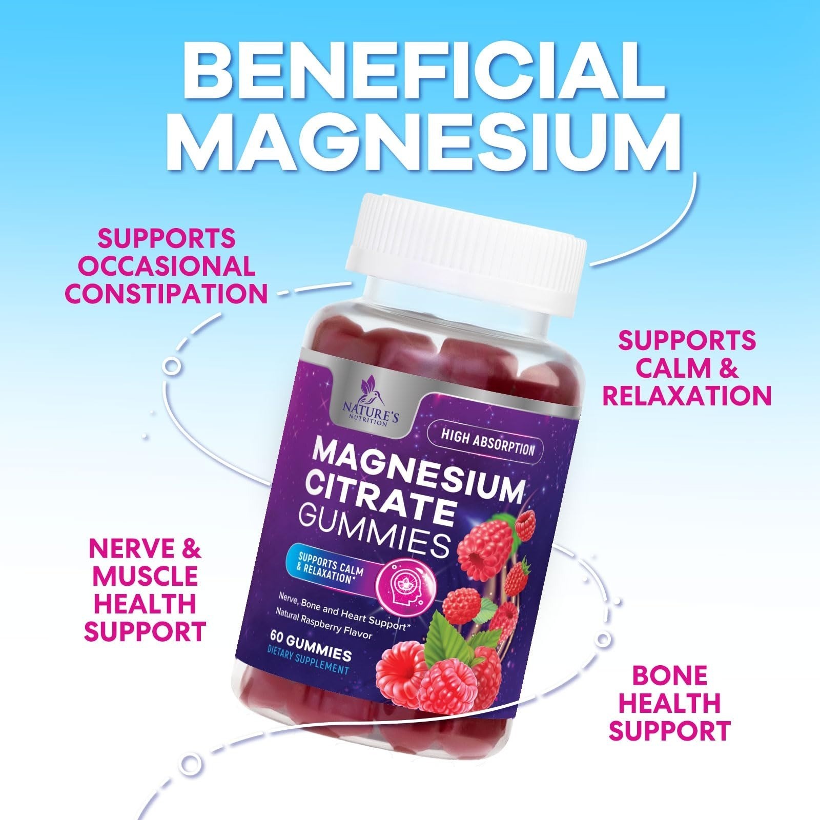Nature’s Nutrition Magnesium Citrate Gummies 60 Count Raspberry Flavor