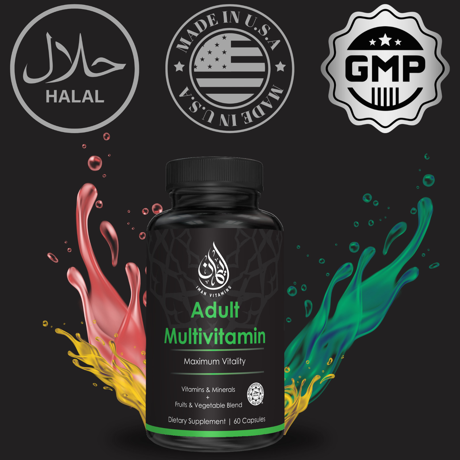 Iman Vitamins Halal Adult Multivitamin, Liquid Capsules, Iron, Zinc, CoQ10, 60