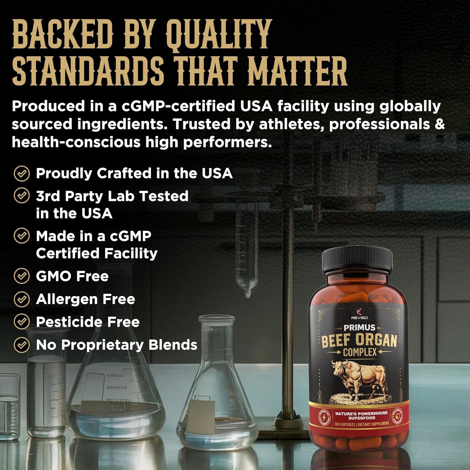 PRIMUS Grass Fed Beef Organ Supplement Complex 5 Organ Blend 180 Capsules REVSCI