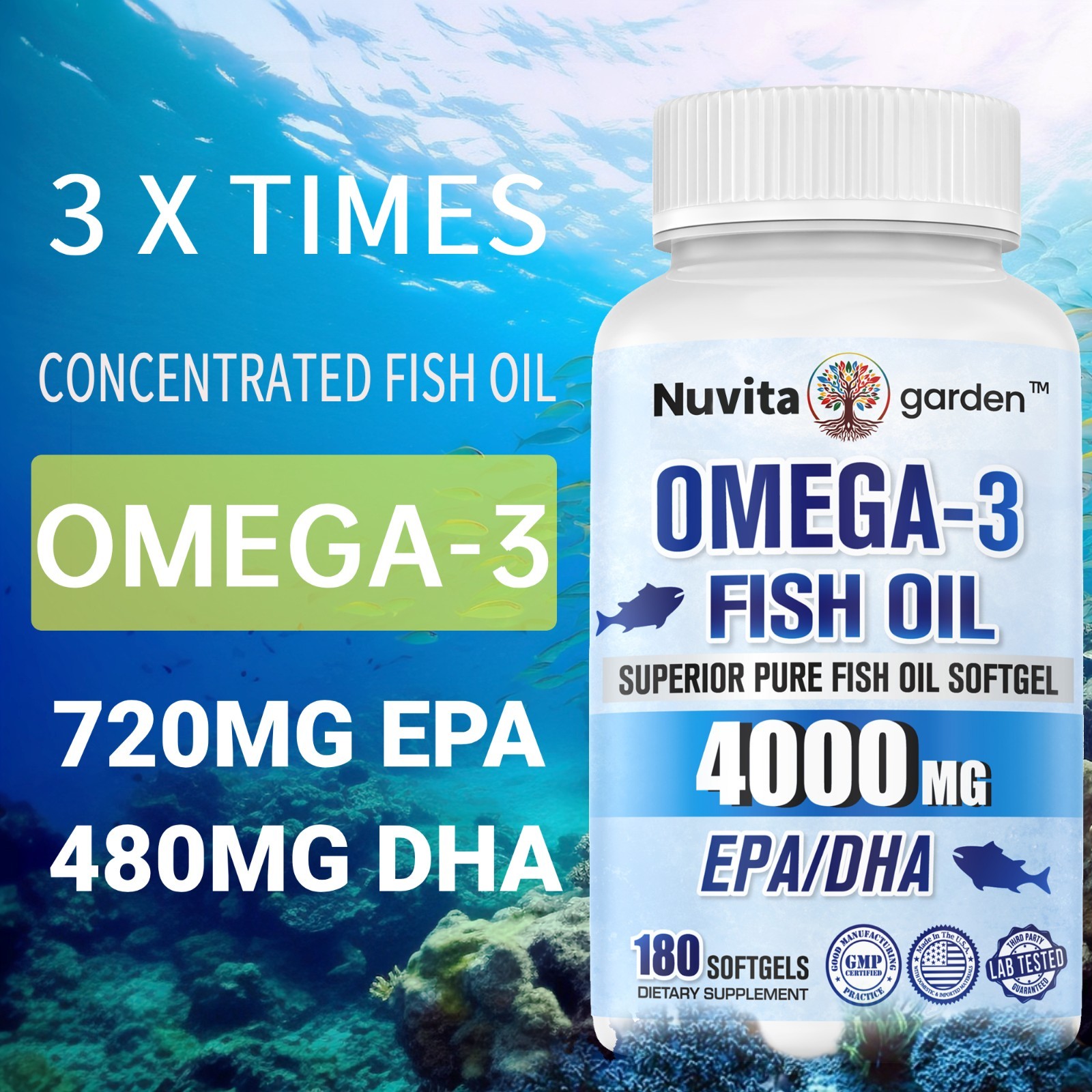 3000mg Fish Oil Softgels – Omega 3 Fish Oil Supplement – 540mg EPA + 360mg DHA
