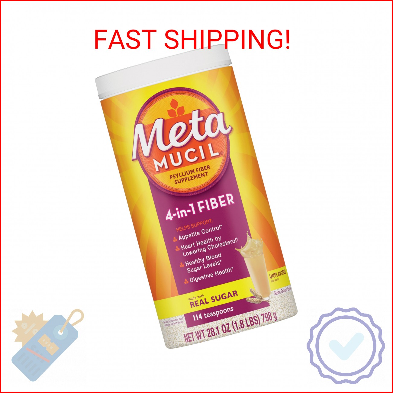 Metamucil, Psyllium Husk Powder, Unflavored Original Texture, with Sugar, 114 Se