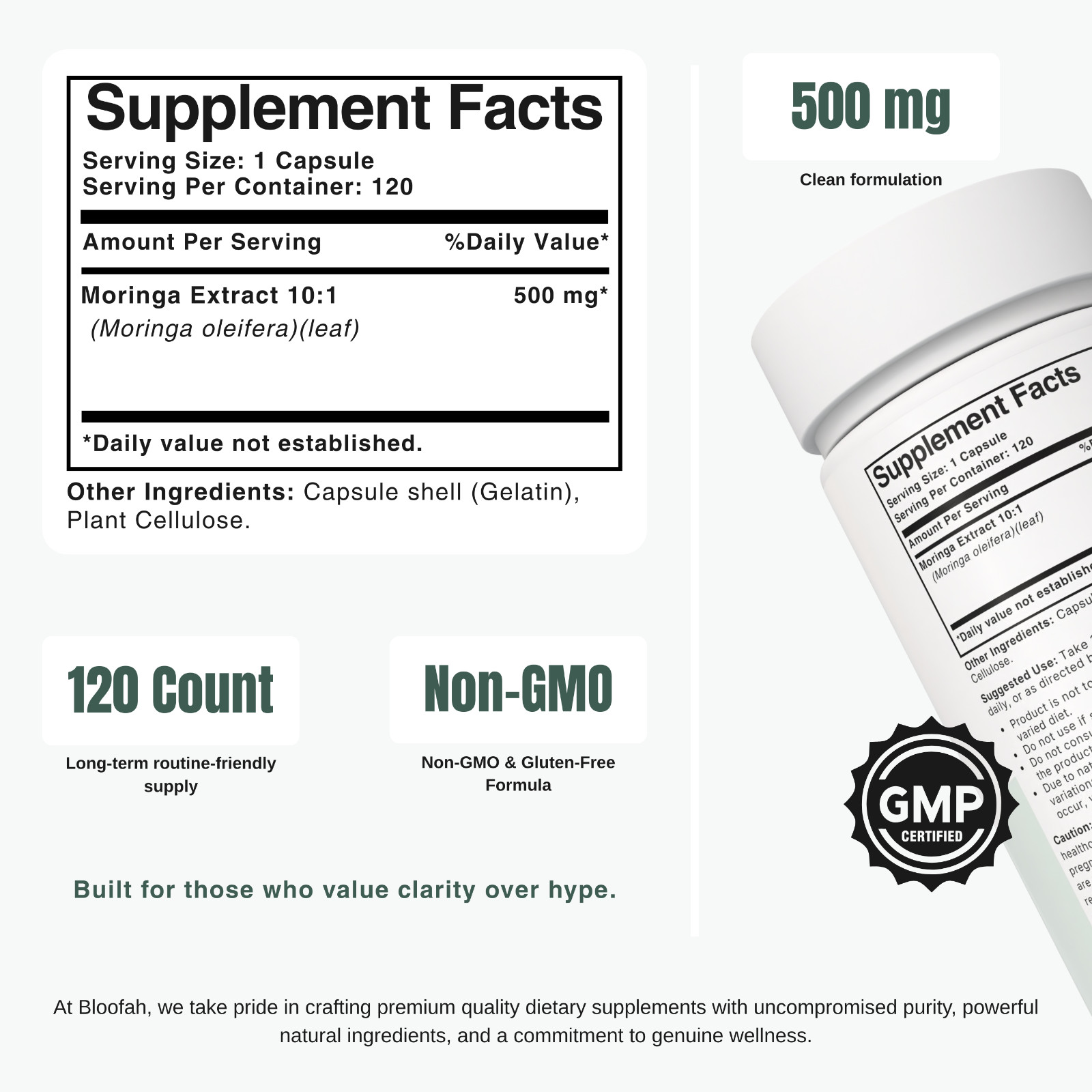 Bloofah MG Moringa Leaf Extract 10:1 500mg | 120 Capsules | Superfood | Iron