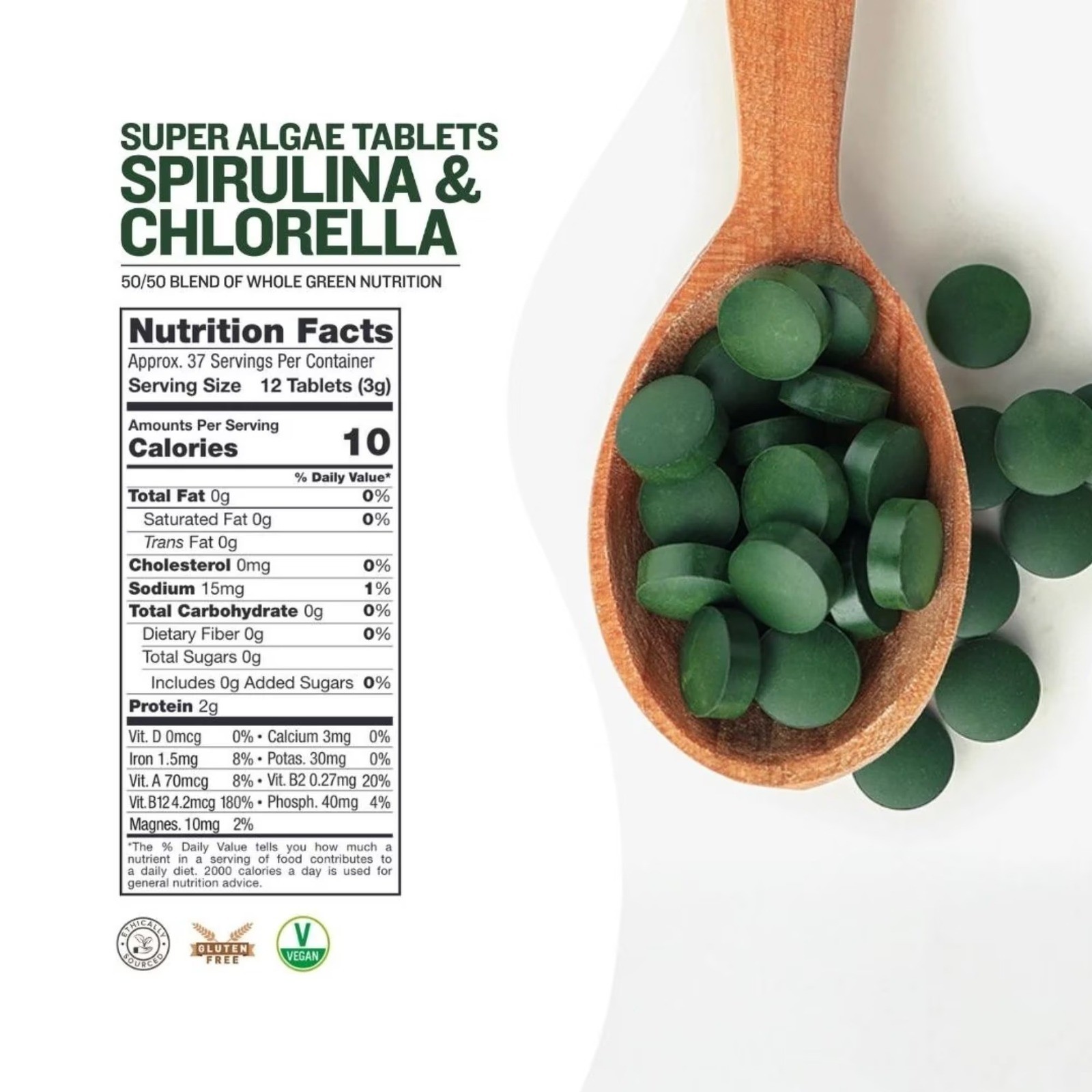 Sunfood Super Algae Tablets Spirulina Chlorella 50/50 Blend 4oz 456ct Vegan