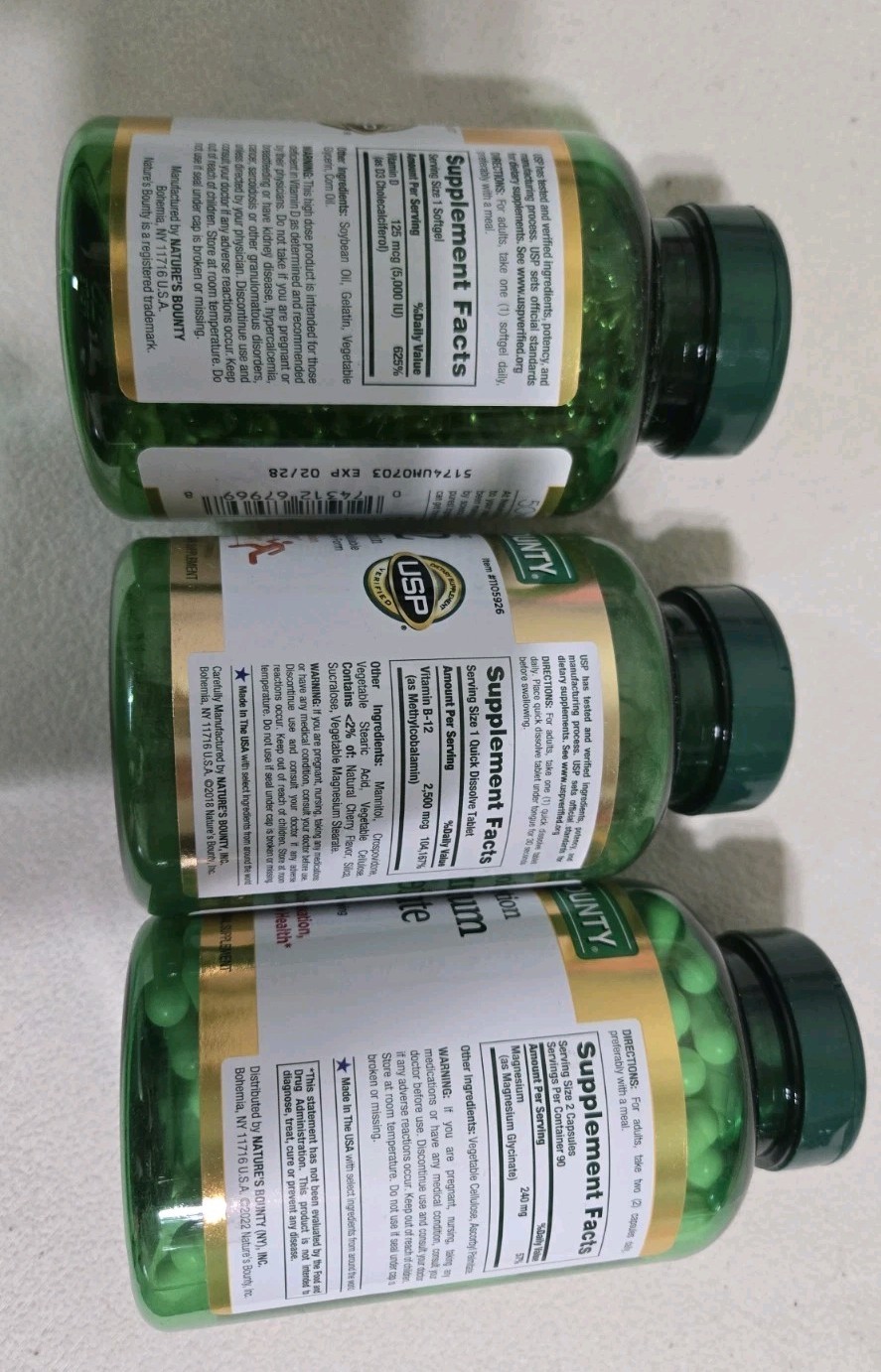 Nature’s Bounty D3 5000 IU + B-12 2500 mcg + Magnesium Glycinate 240mg 3 bottles