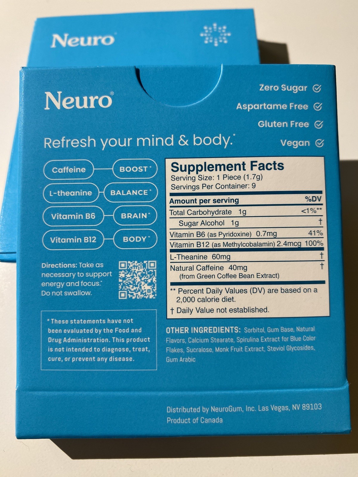 Neuro Gum L-theanine B-12 Nootropics Caffeine 2pk 18 pcs Boost Energy & Focus