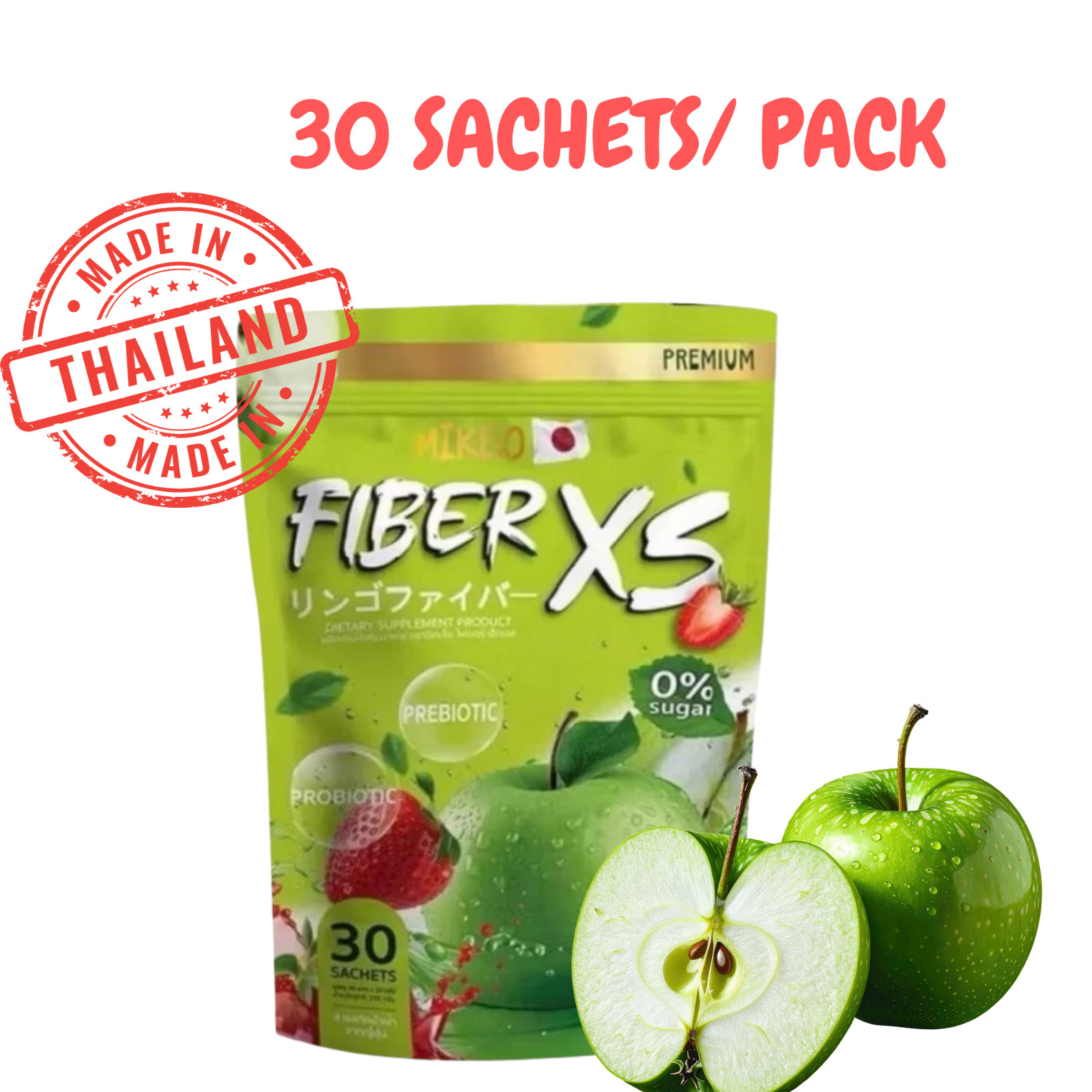 MIKEO Fiber XS Green Apple – Prebiotic & Probiotic Sugar Free 30 Sachets