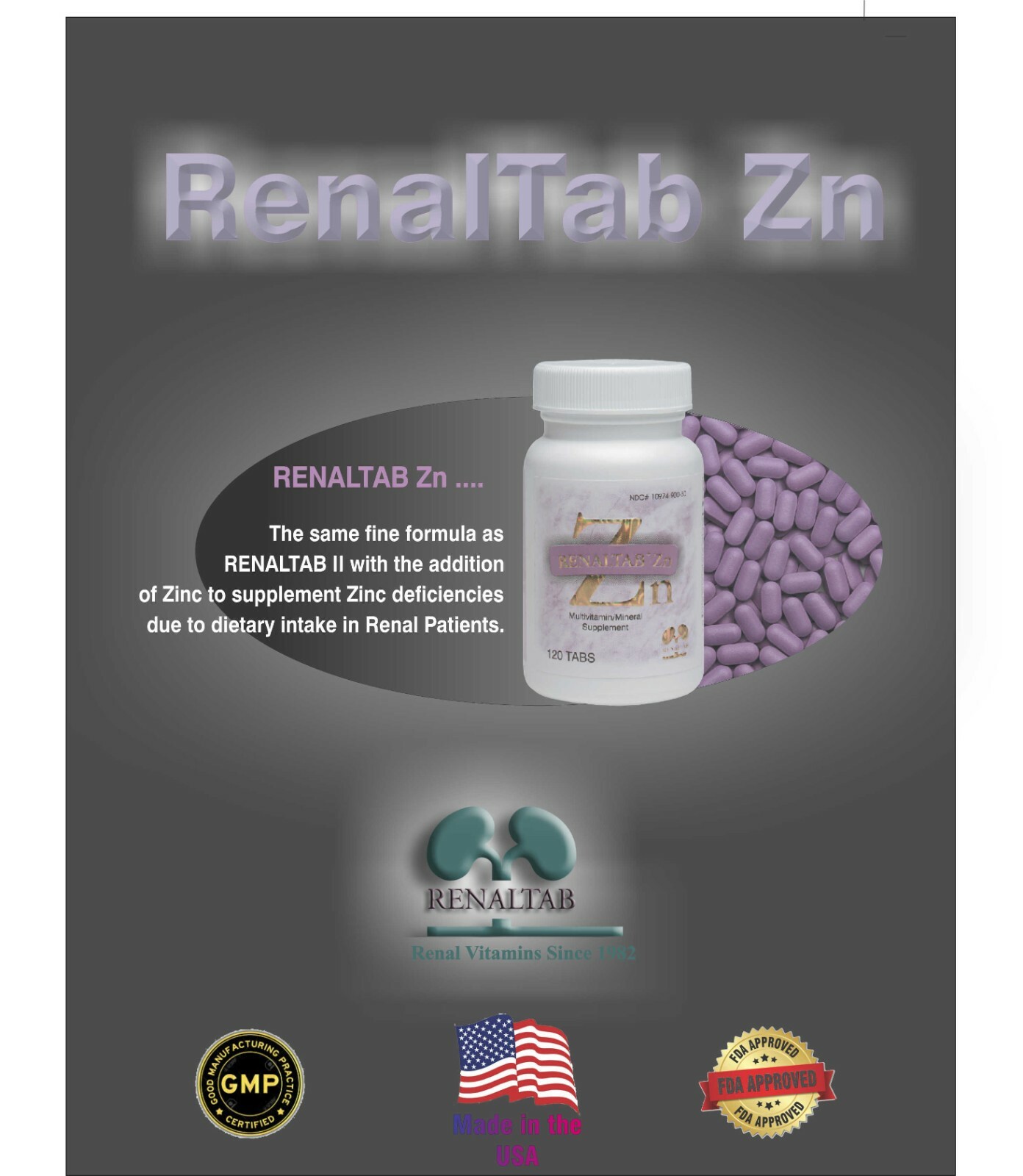 RENALTAB Zn, 4 MONTHS SUPPLY (COMPARES DIALYVITE+ZINC 15, 100TABS)