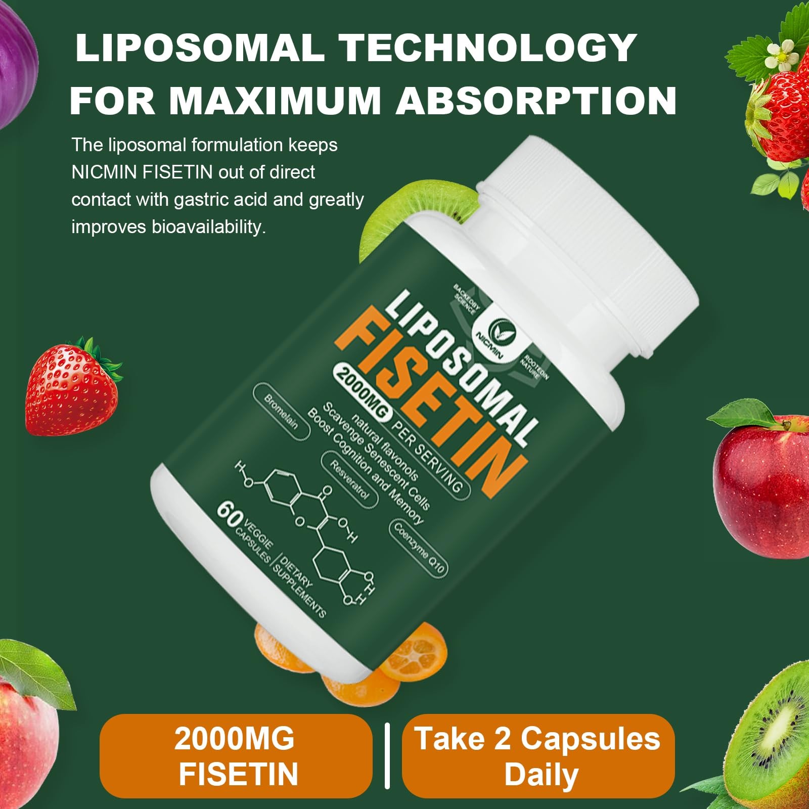 Liposomal Fisetin Supplement, 2000MG, 98% Pure 60 Count (Pack of 1)